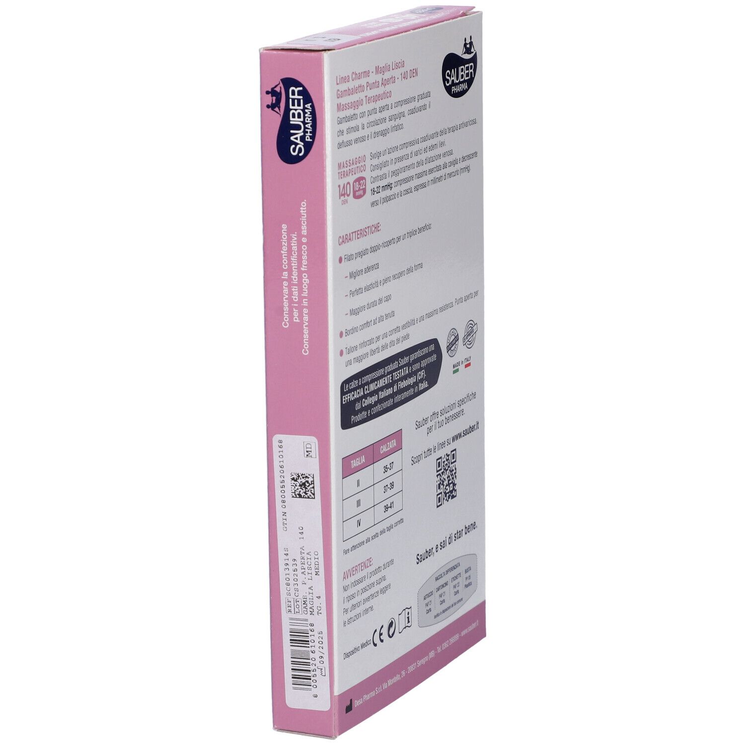 Seitenansicht der SAUBER Pharma Strumpfverpackung. Textinformationen, Logo und QR-Code. Rosa und weiß.
