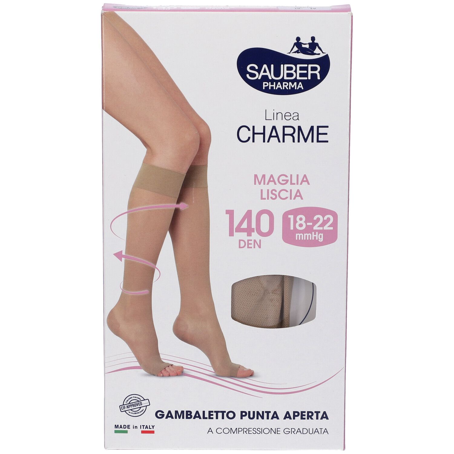 Verpackung mit SAUBER Pharma Strümpfen. Rosa-weiße Schachtel mit Produktabbildung und Produktinformationen. Offene Spitze, 140 DEN.