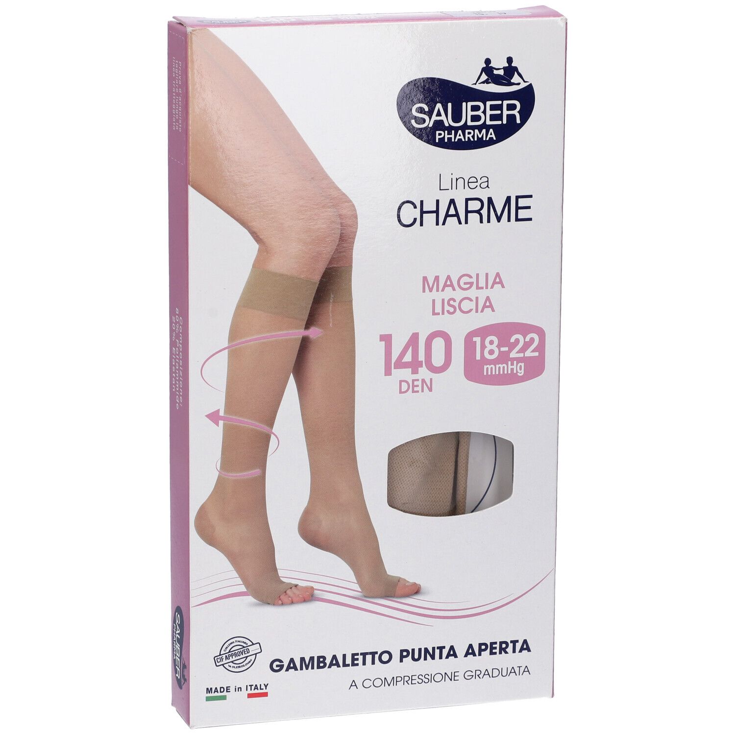 Verpackung mit SAUBER Pharma Strümpfen. Rosa-weiße Schachtel mit Produktabbildung und Produktinformationen. Offene Spitze, 140 DEN.
