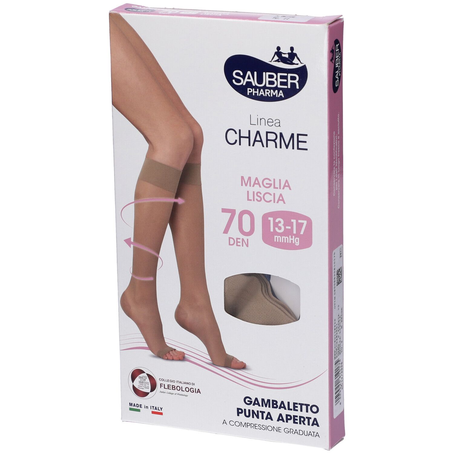 Verpackung mit SAUBER Pharma Strümpfen. Aufdruck: Linea Charme, 70 DEN, 13-17 mmHg. Abgebildet sind Strümpfe mit offener Spitze.