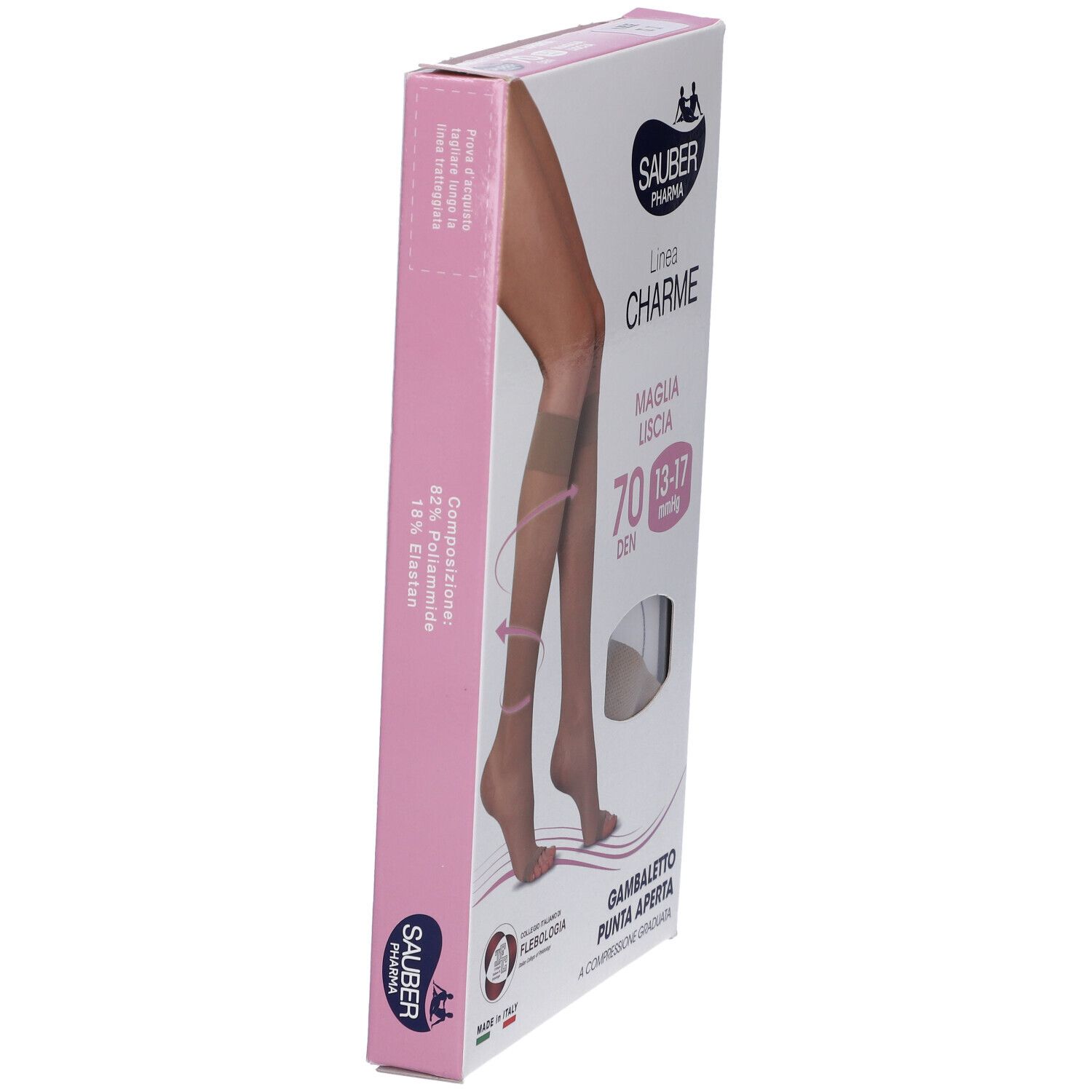 Seitenansicht der SAUBER Pharma Strumpfverpackung. Aufdruck: Linea Charme, 70 DEN, 13-17 mmHg. Rosa Akzente.