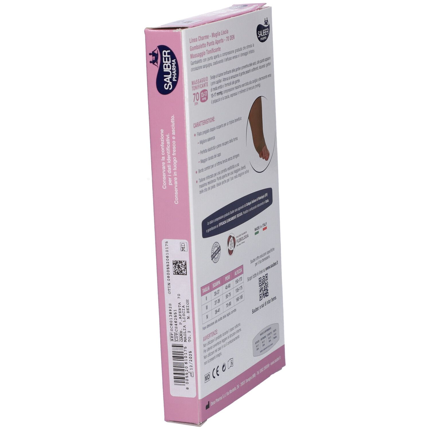 Seitenansicht der SAUBER Pharma Strumpfverpackung. Text und QR-Code. Rosa Akzente.
