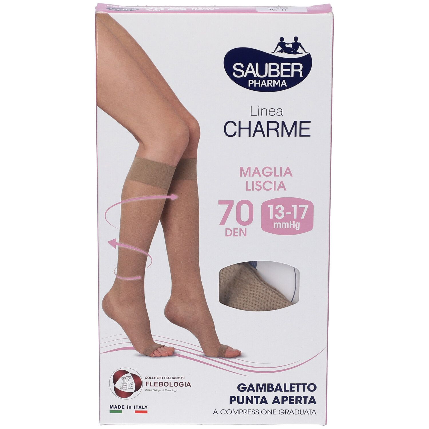 SAUBER Pharma Strumpfverpackung. Aufdruck: Linea Charme, 70 DEN, 13-17 mmHg. Abgebildet sind Strümpfe mit offener Spitze.