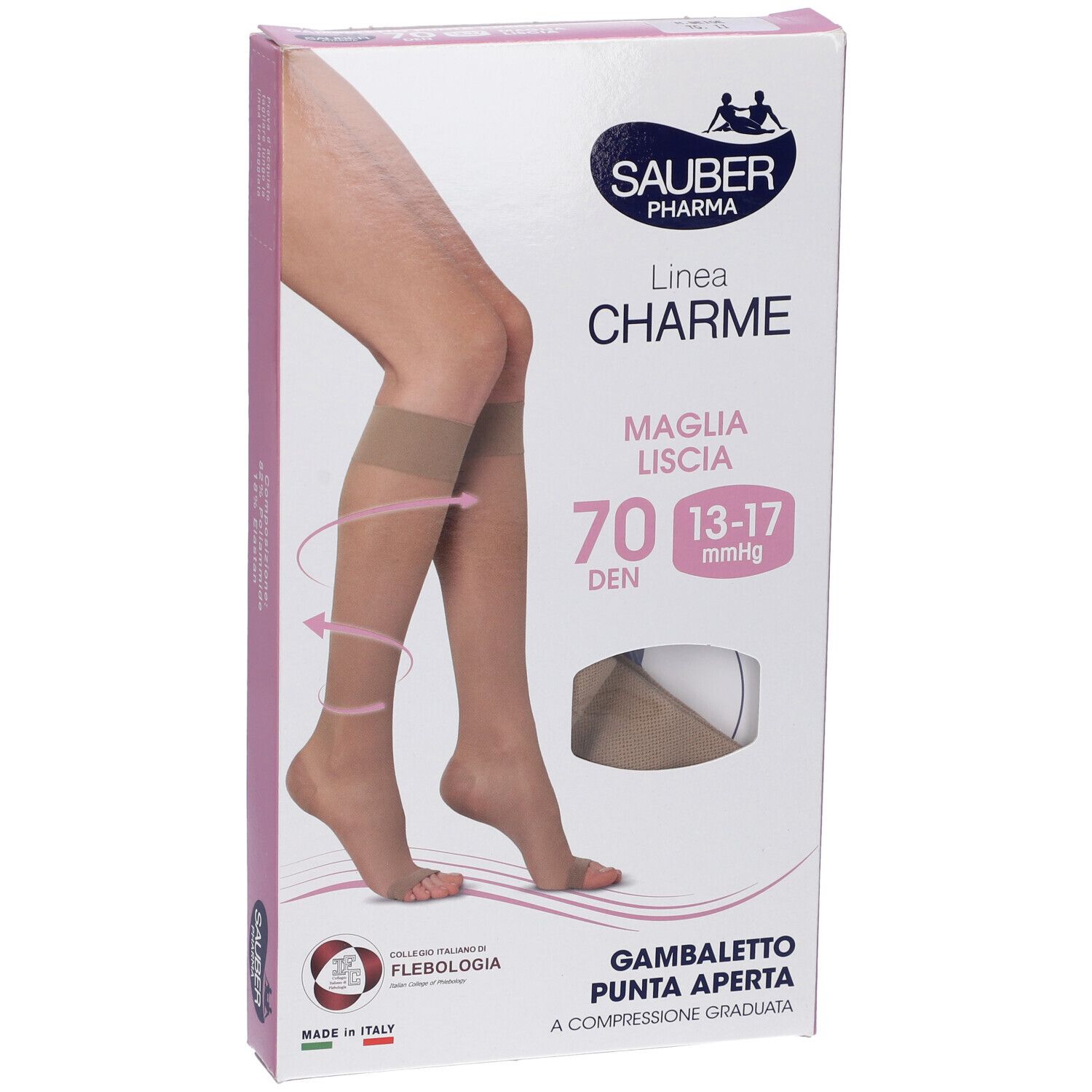 SAUBER Pharma Strumpfverpackung. Aufdruck: Linea Charme, 70 DEN, 13-17 mmHg. Abgebildet sind Strümpfe mit offener Spitze.