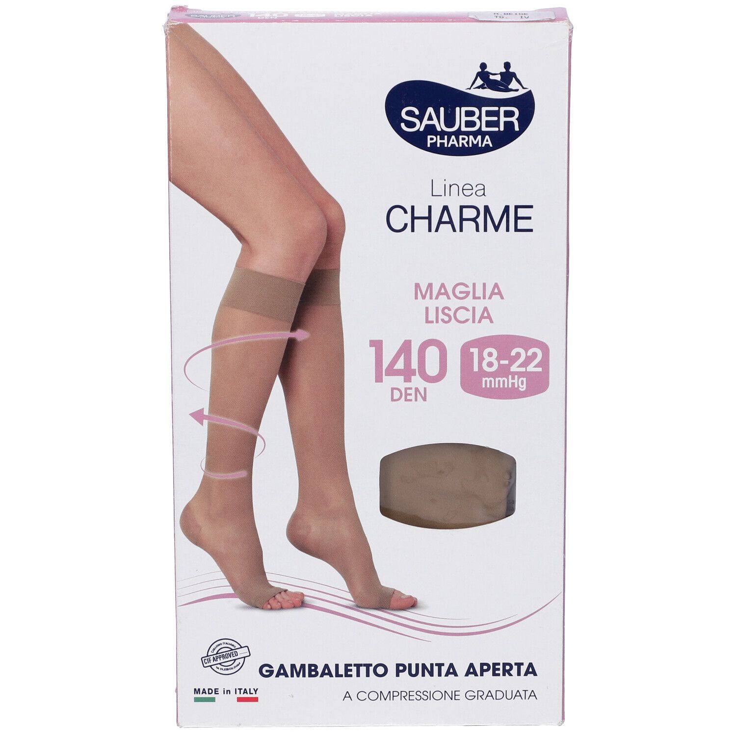 Sauber Charme gambaletto a punta aperta, 140 Den, beige. Confezione con gamba che indossa il prodotto. Marchio e dettagli del prodotto visibili.