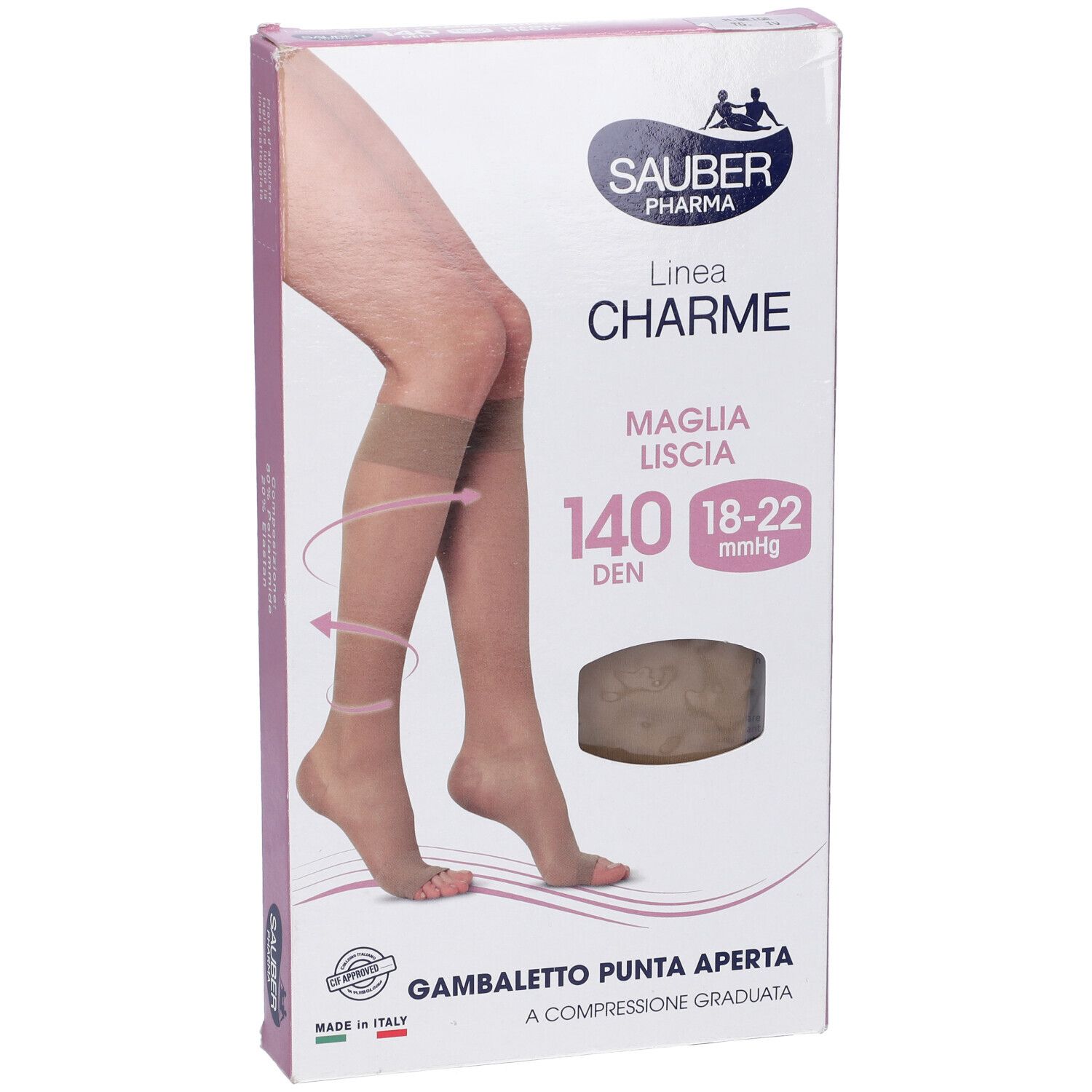 Sauber Charme gambaletto a punta aperta, 140 Den, beige. Confezione con gamba che indossa il prodotto. Marchio e dettagli del prodotto visibili.