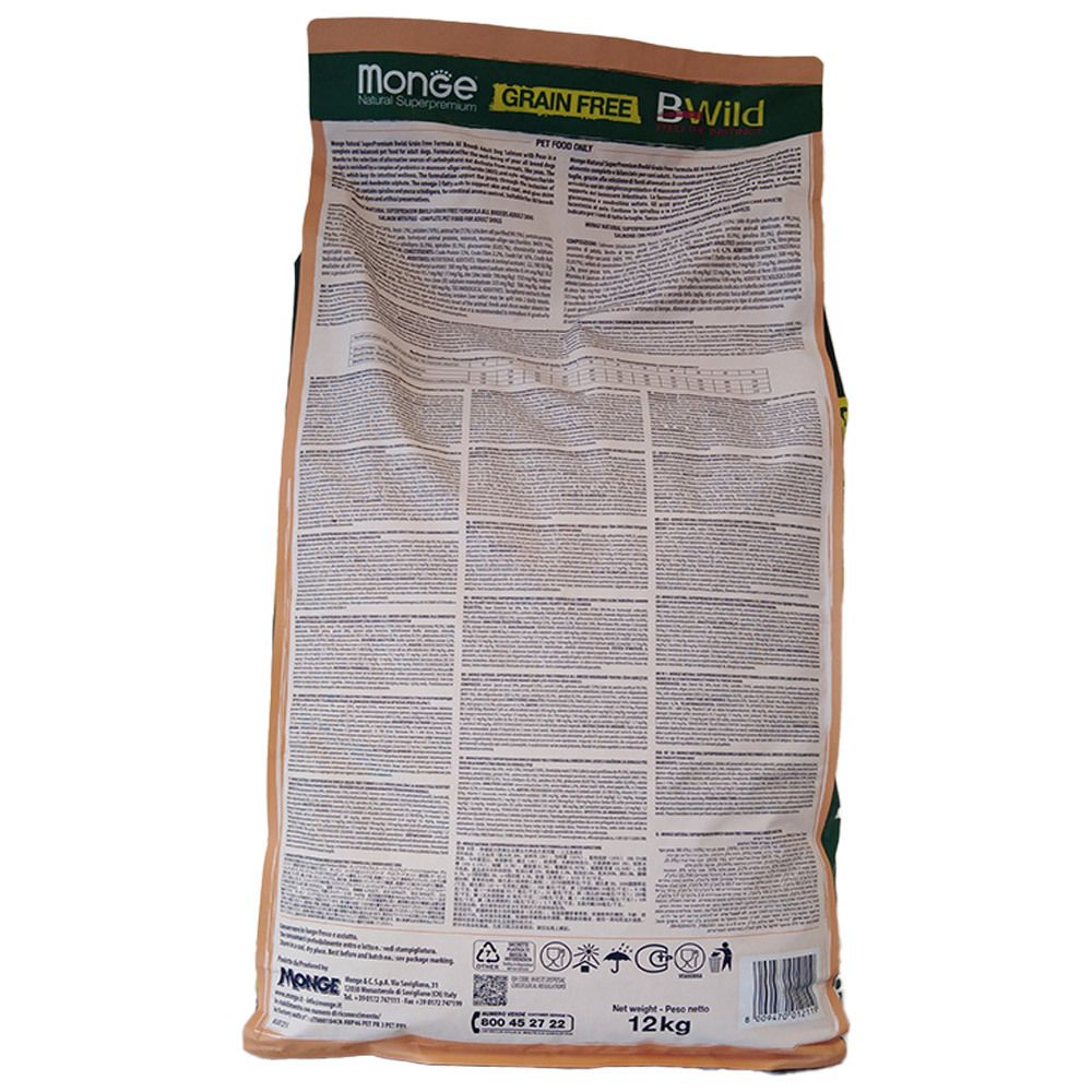 Retro del sacchetto di cibo per cani. Testo: Monge, Grain Free, BWild. Contiene testo in più lingue. Peso: 12 kg.