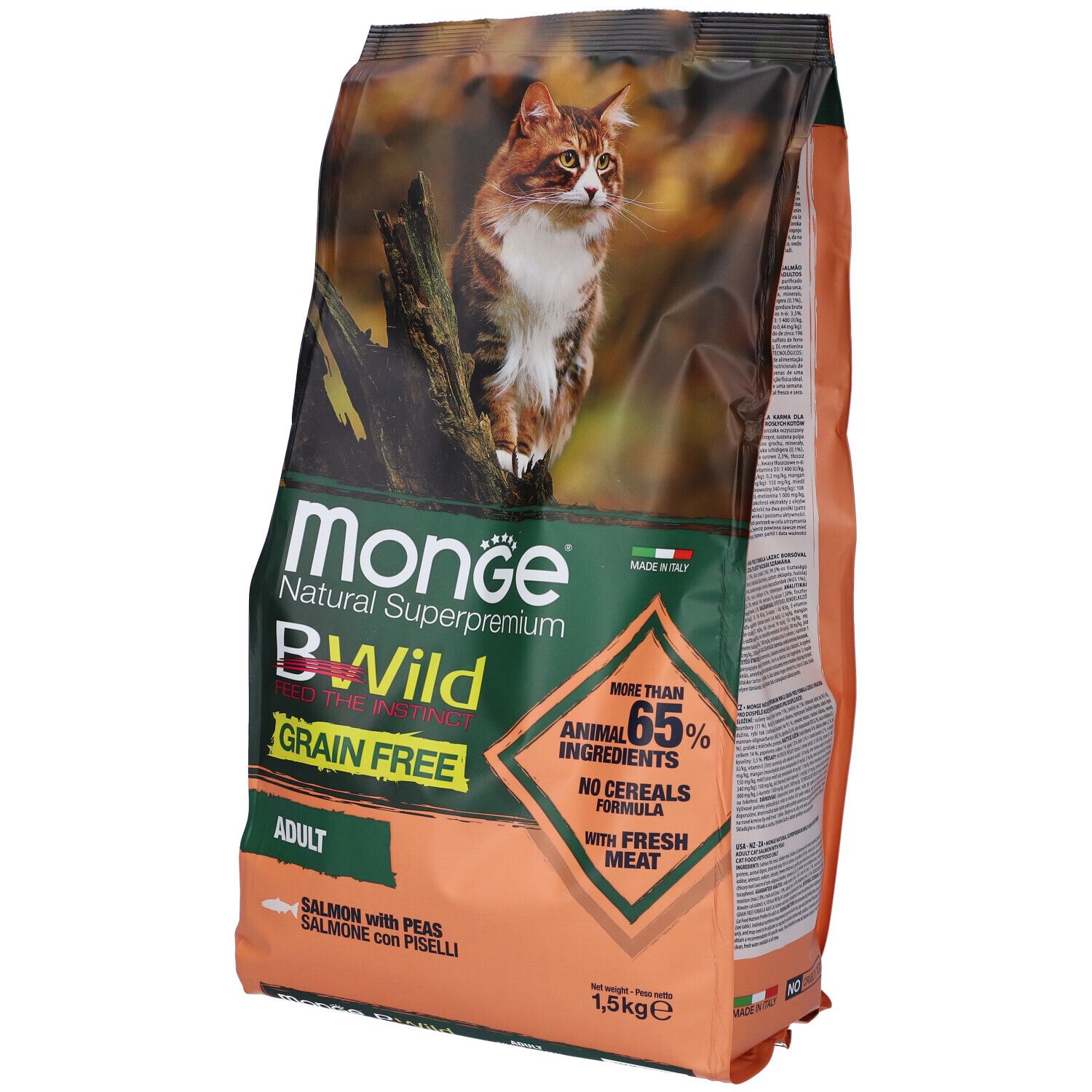 Monge Bwild Grain Free per Gatti Adult con Salmone e Piselli 1,5 Kg