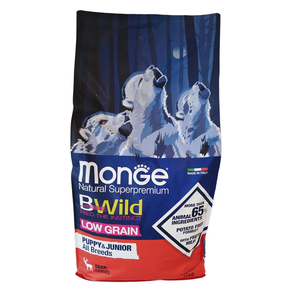 Confezione Monge BWild Puppy & Junior All Breeds Cervo. Lupi. Testo: Low Grain, Natural Superpremium, più del 65% di ingredienti animali.