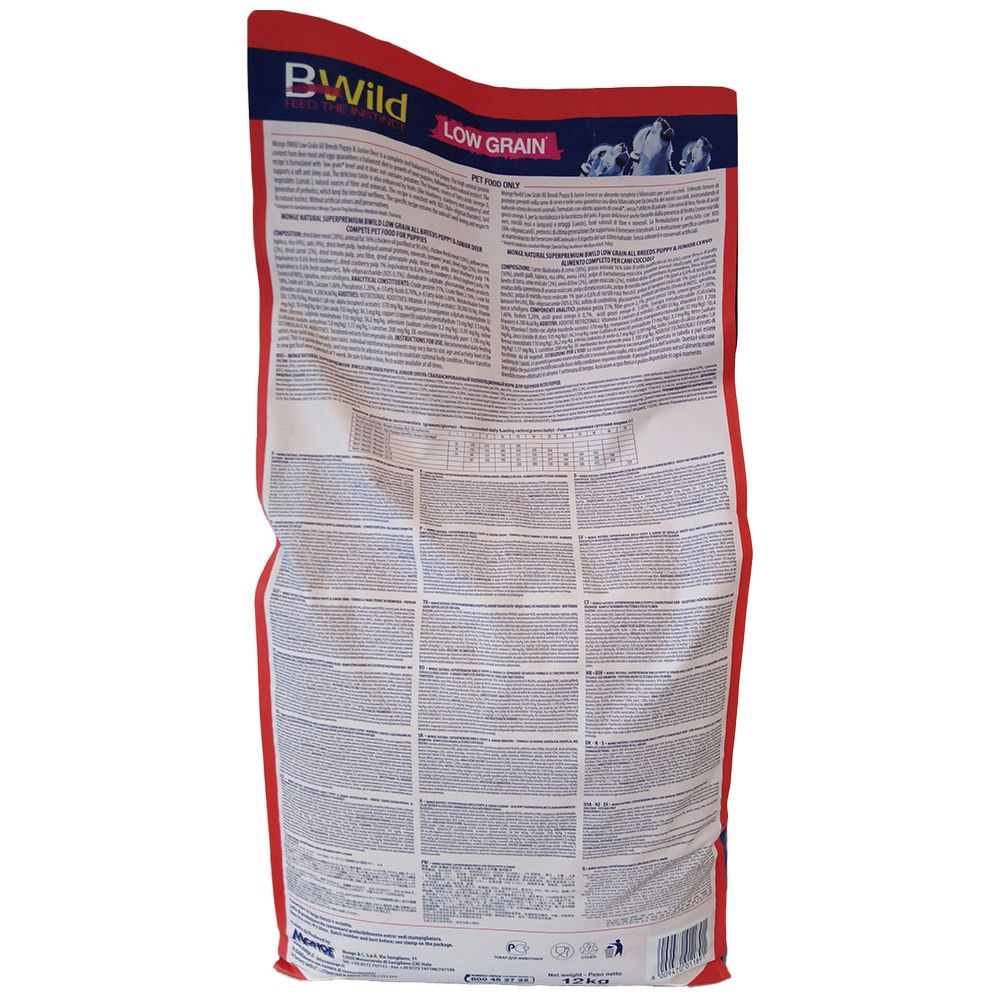 Retro della confezione Monge BWild Puppy & Junior All Breeds Cervo. Testo con ingredienti e informazioni nutrizionali.