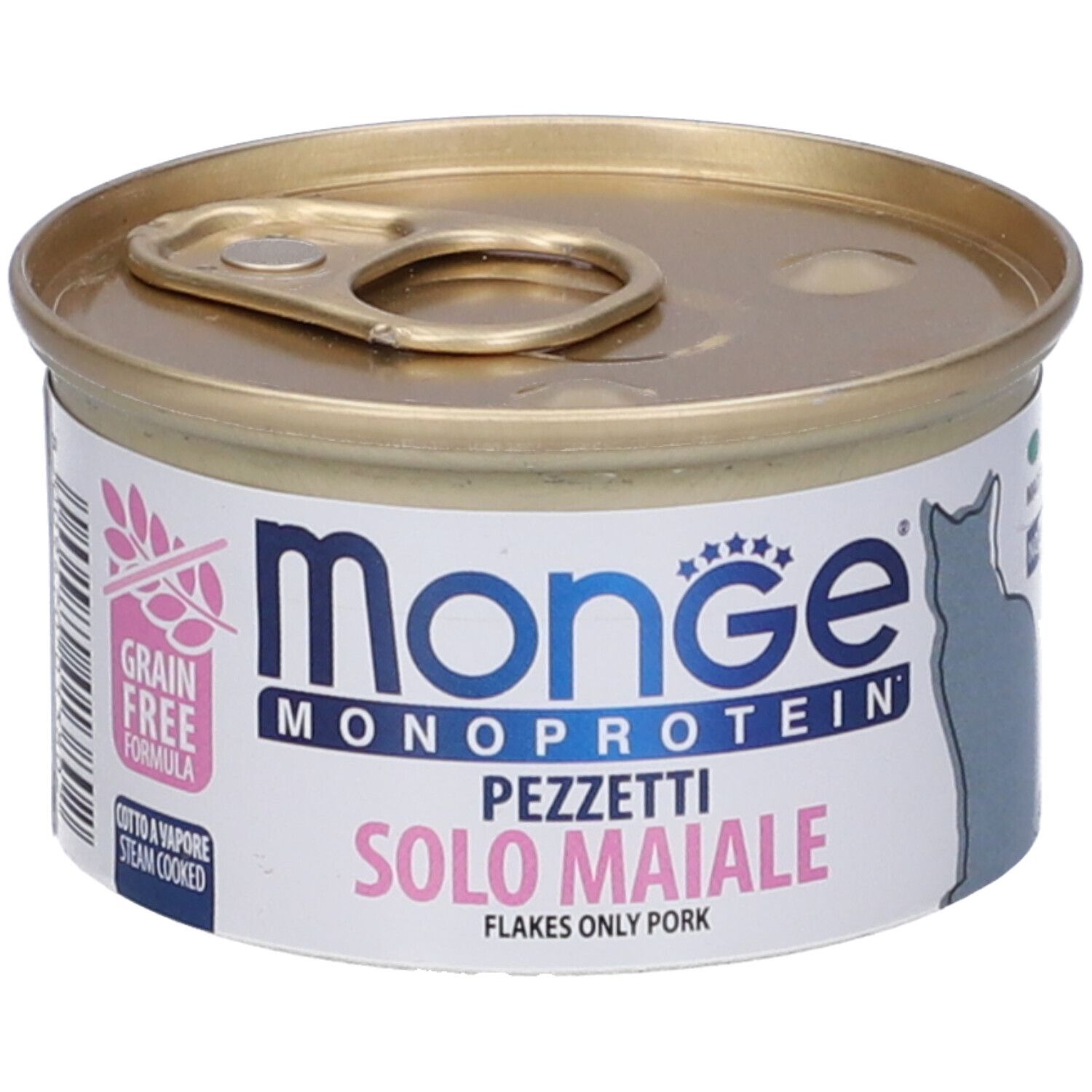 Lattina di cibo per gatti Monge Monoprotein. Solo Maiale. Senza cereali. Etichette rosa e blu. Coperchio dorato.