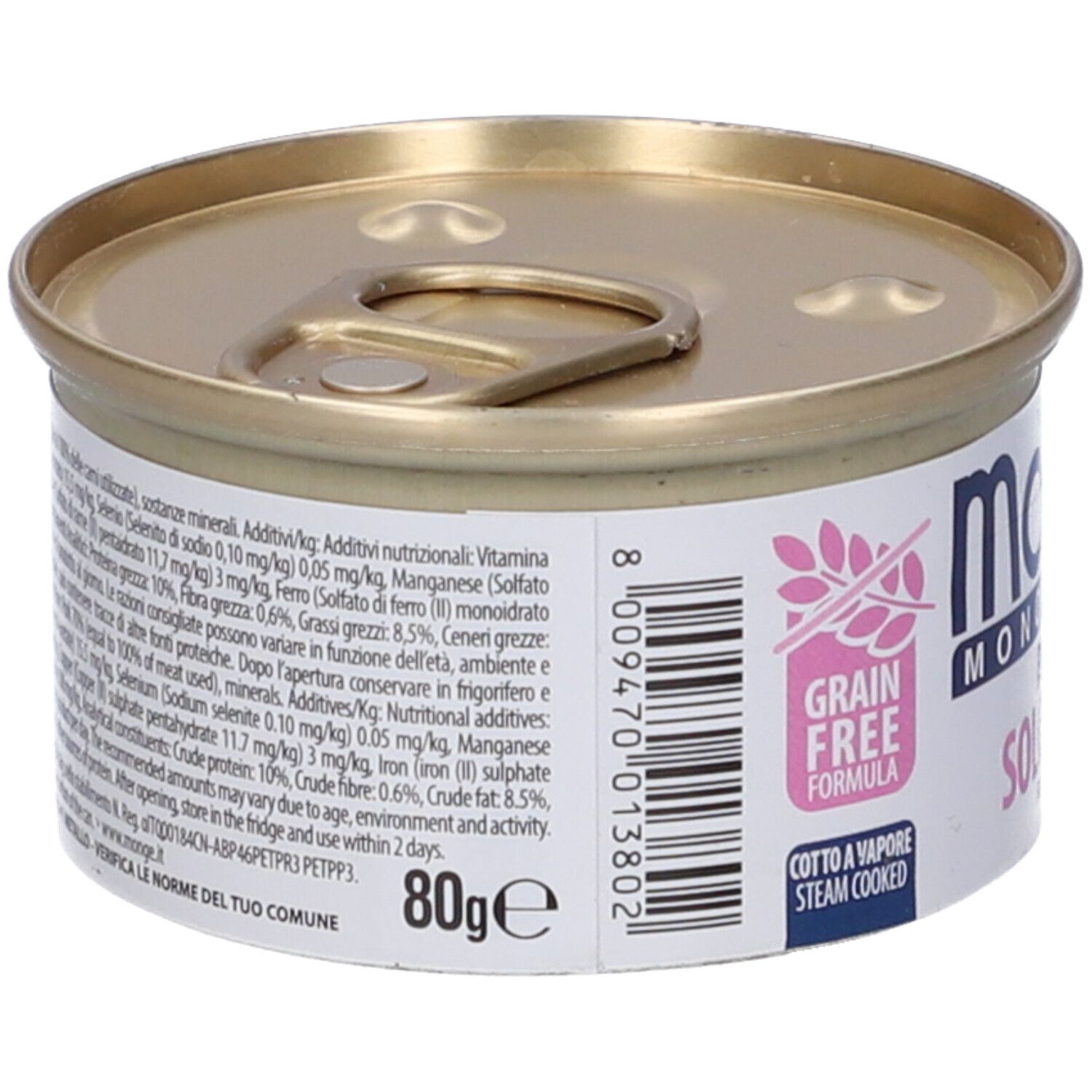 Lattina di cibo per gatti Monge Monoprotein. Retro con ingredienti e informazioni nutrizionali. 80g. Senza cereali.