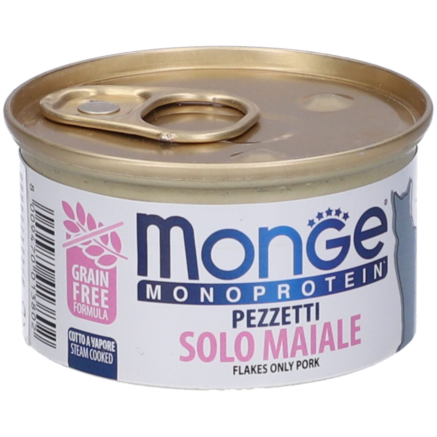 Lattina di cibo per gatti Monge Monoprotein. Solo Maiale. Senza cereali. Etichette rosa e blu. Coperchio dorato.