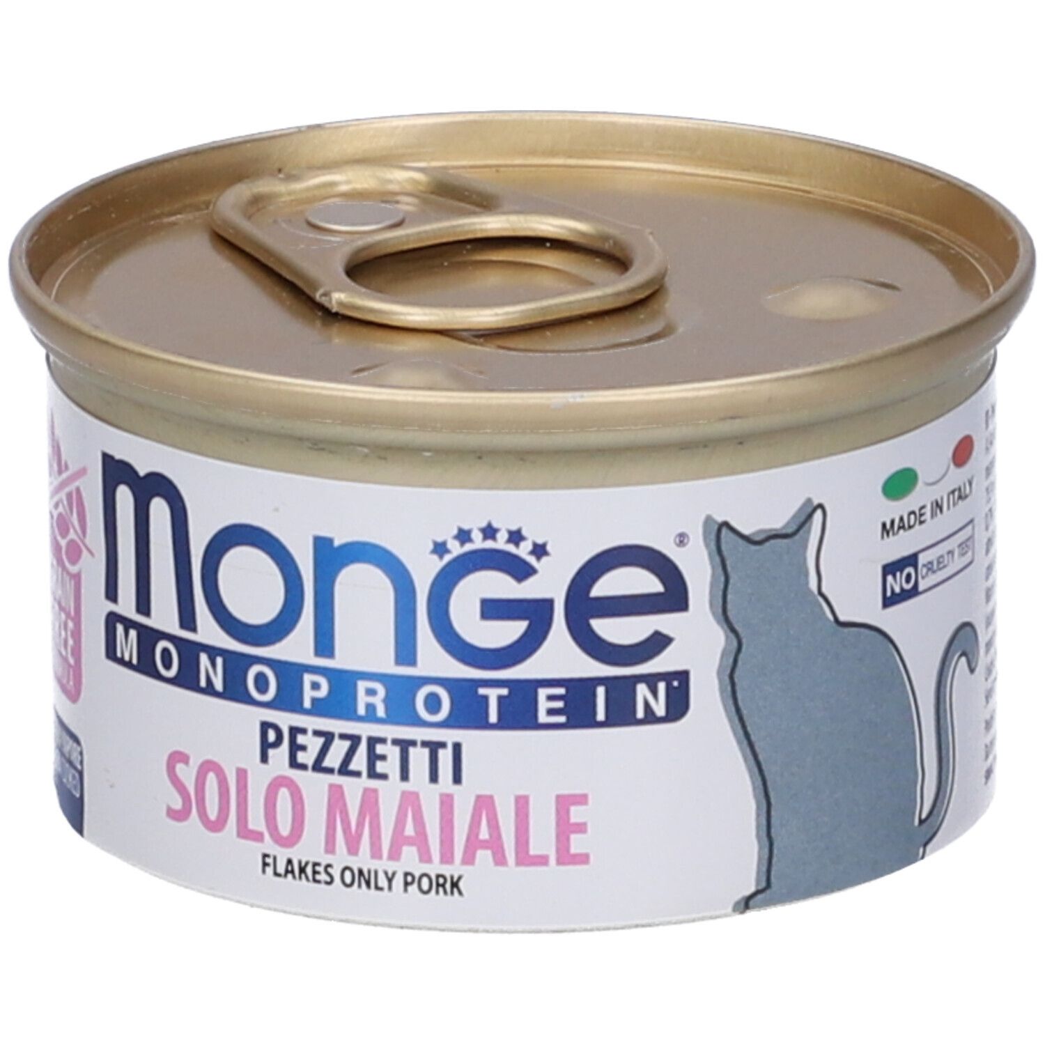 Lattina di cibo per gatti Monge Monoprotein. Solo Maiale. Made in Italy. Gatto blu. Coperchio dorato.