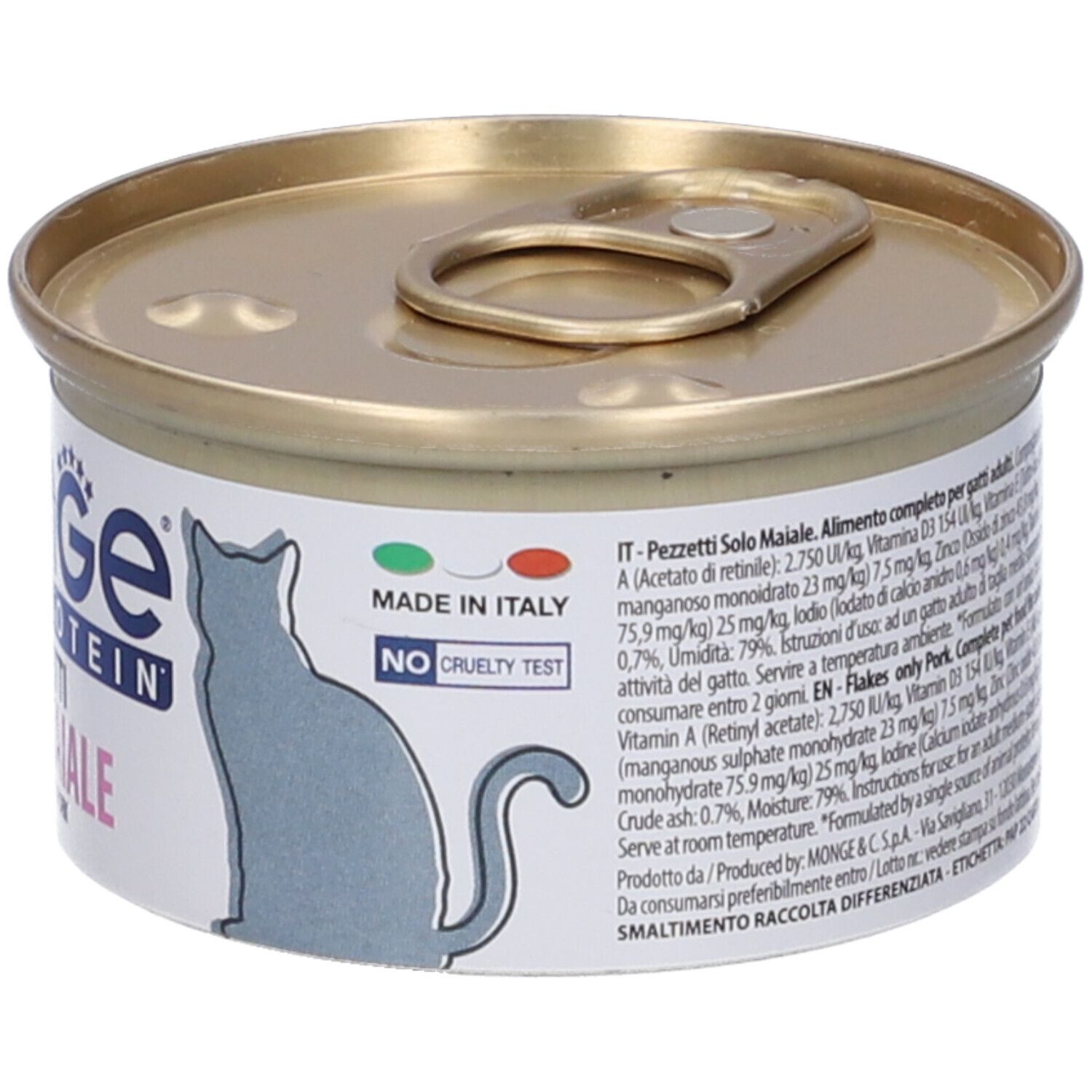 Lattina di cibo per gatti Monge Monoprotein. Solo Maiale. Made in Italy. Gatto blu. Coperchio dorato. Retro.