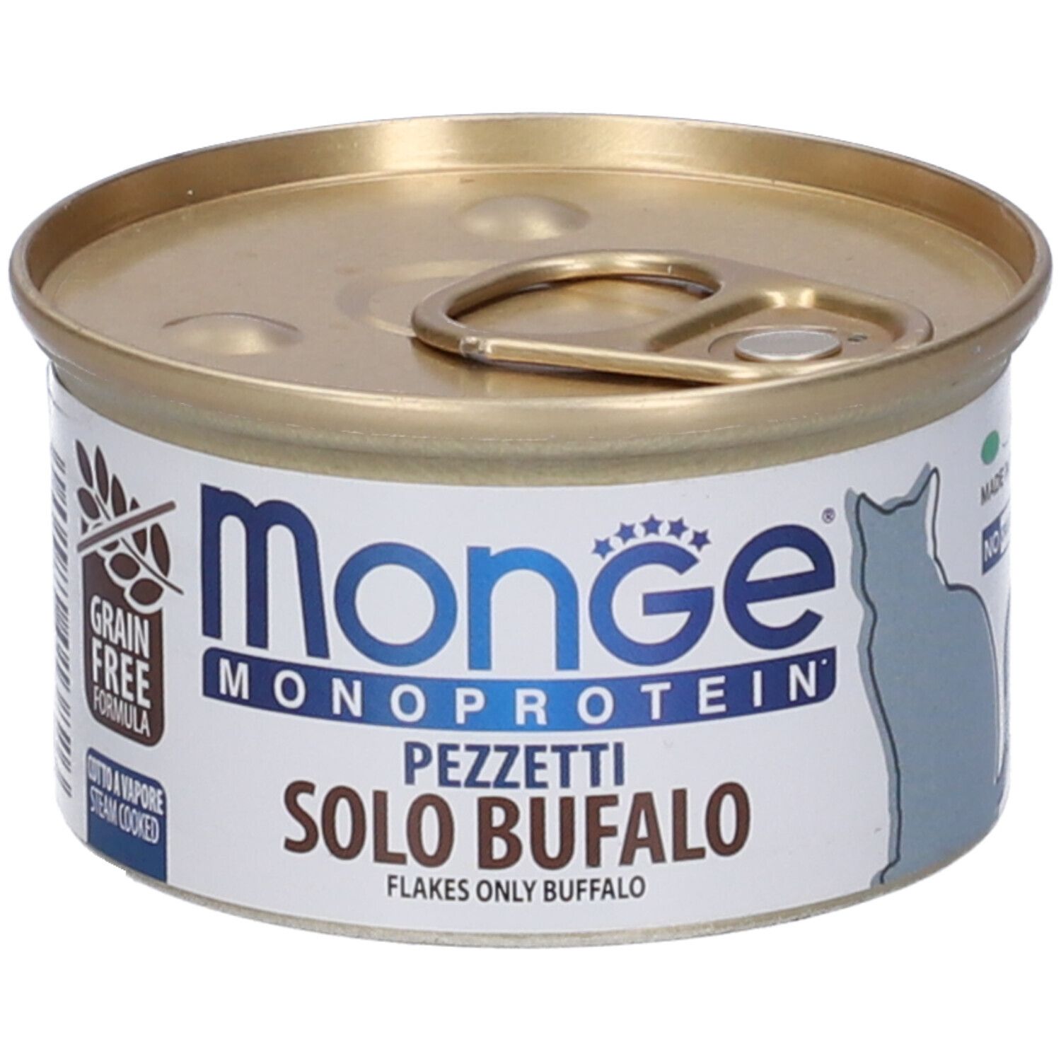 Lattina rotonda con etichetta "Monge Monoprotein Pezzetti Solo Bufalo". Formula senza cereali, cotta a vapore. Sagoma di gatto.
