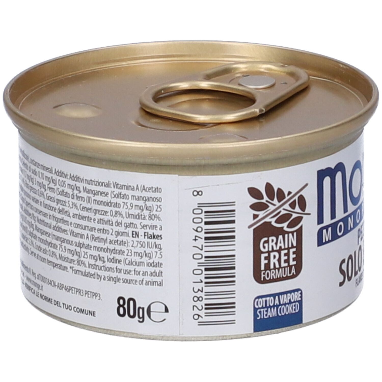 Lattina con etichetta "Monge Monoprotein Pezzetti Solo Bufalo". Retro con informazioni nutrizionali e codice a barre. Senza cereali.