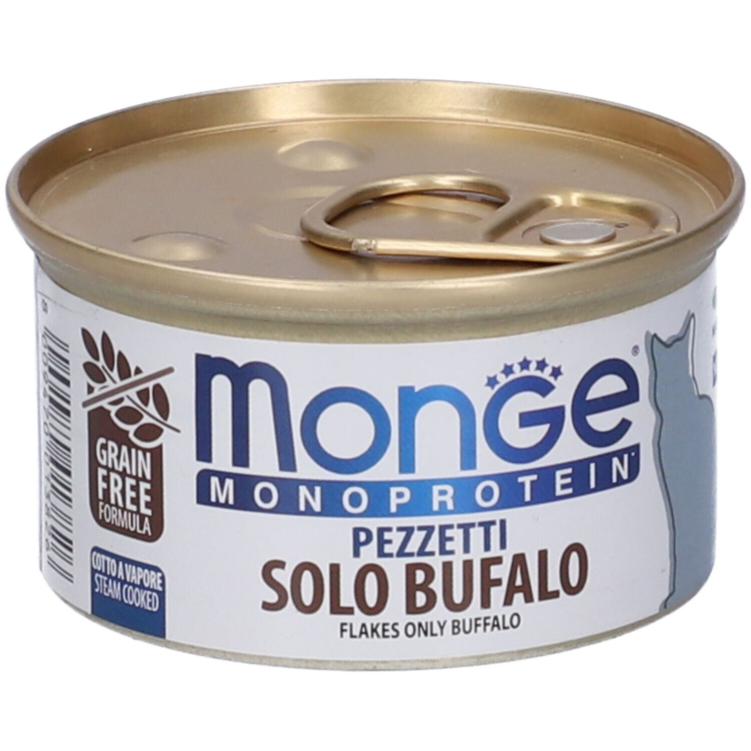Lattina rotonda con etichetta "Monge Monoprotein Pezzetti Solo Bufalo". Formula senza cereali, cotta a vapore. Sagoma di gatto.