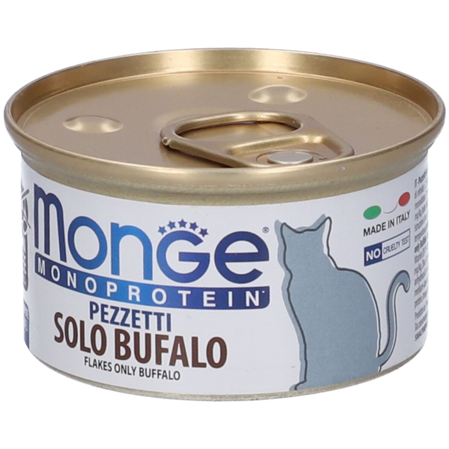 Lattina con etichetta "Monge Monoprotein Pezzetti Solo Bufalo". Prodotto in Italia. Nessuna crudeltà. Sagoma di gatto.
