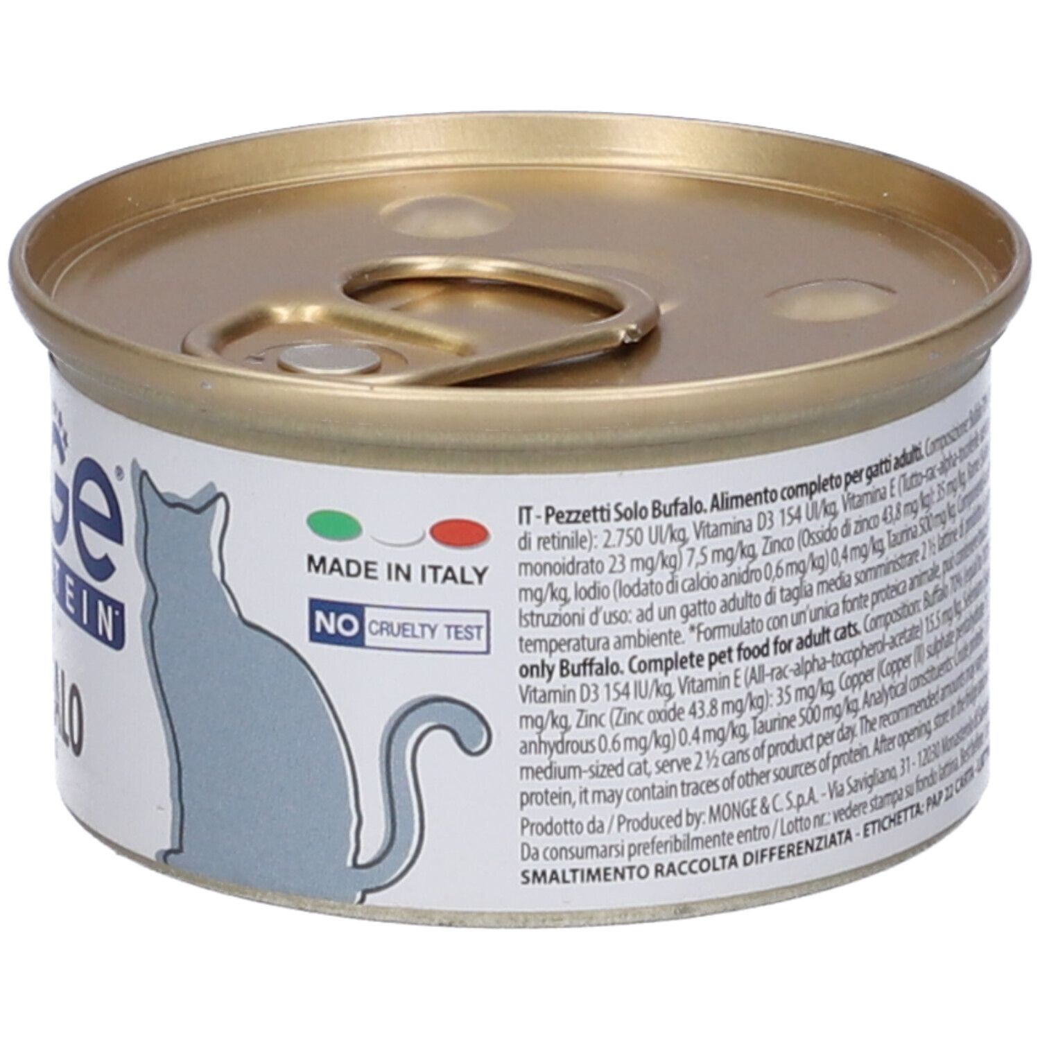 Lattina con etichetta "Monge Monoprotein Pezzetti Solo Bufalo". Prodotto in Italia. Nessuna crudeltà. Sagoma di gatto.