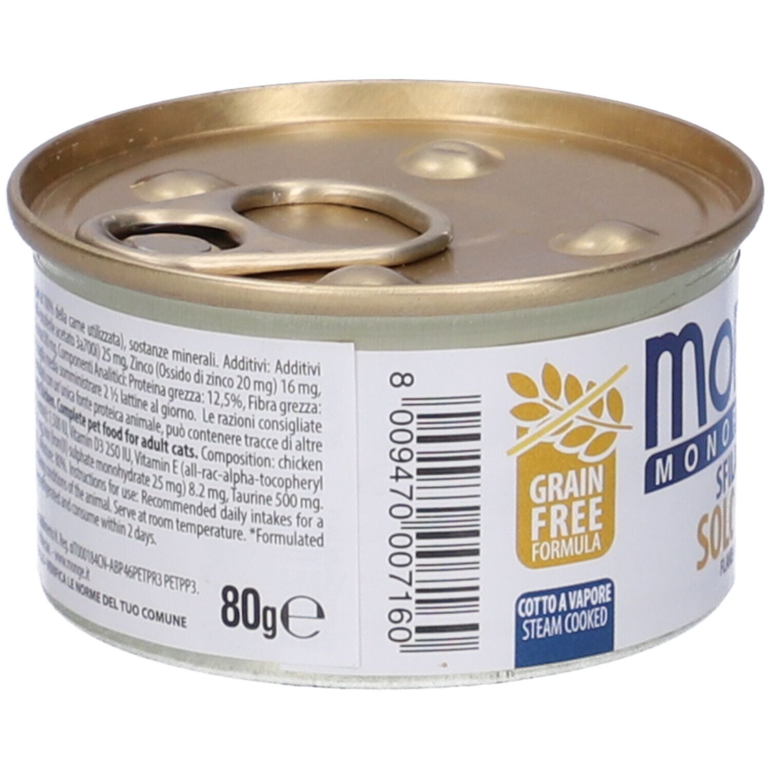Lattina Monge Monoprotein Sfilaccetti Solo Pollo. Retro con ingredienti e valori nutrizionali. 80g.