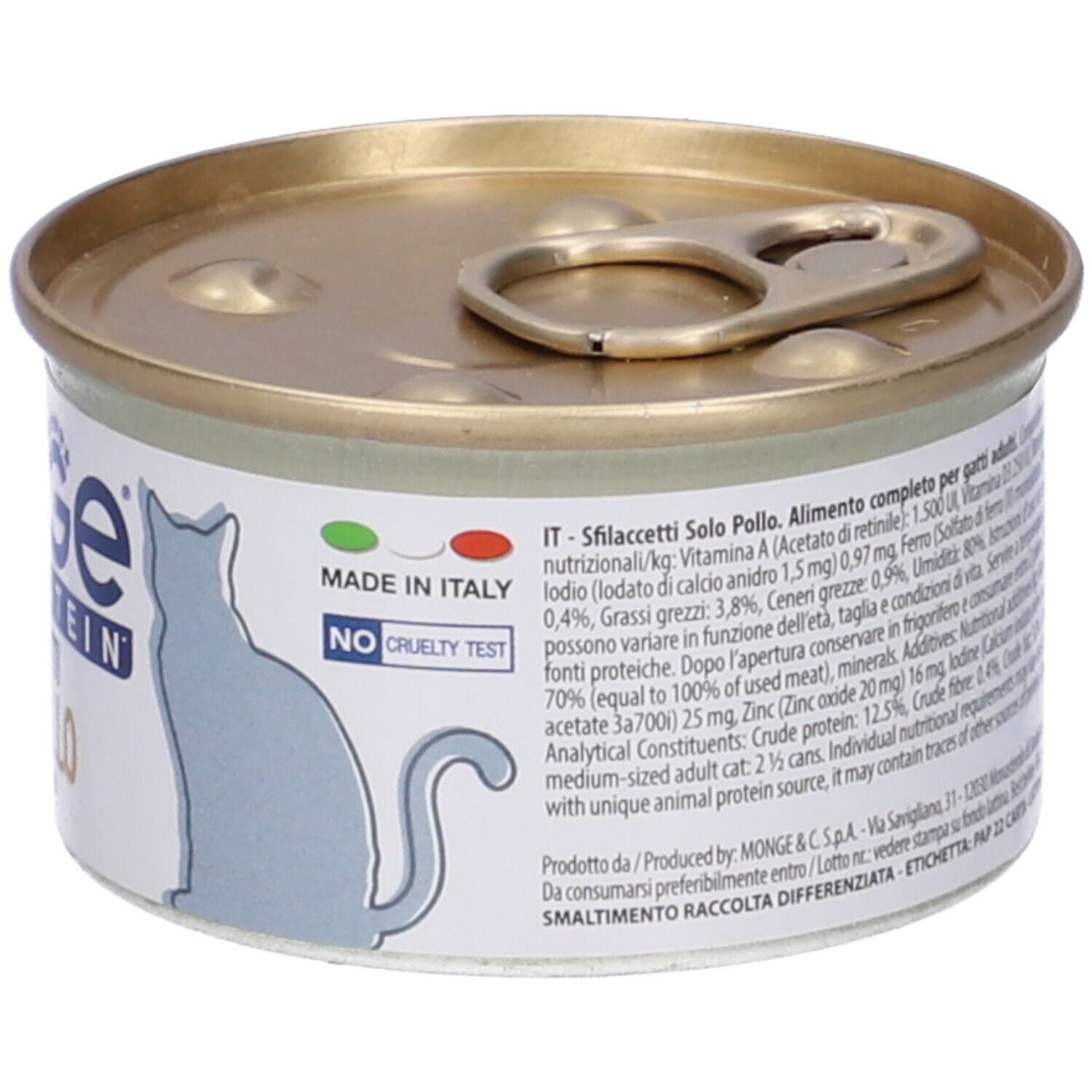 Lattina Monge Monoprotein Sfilaccetti Solo Pollo. Made in Italy. No Cruelty Test. Retro con ingredienti.