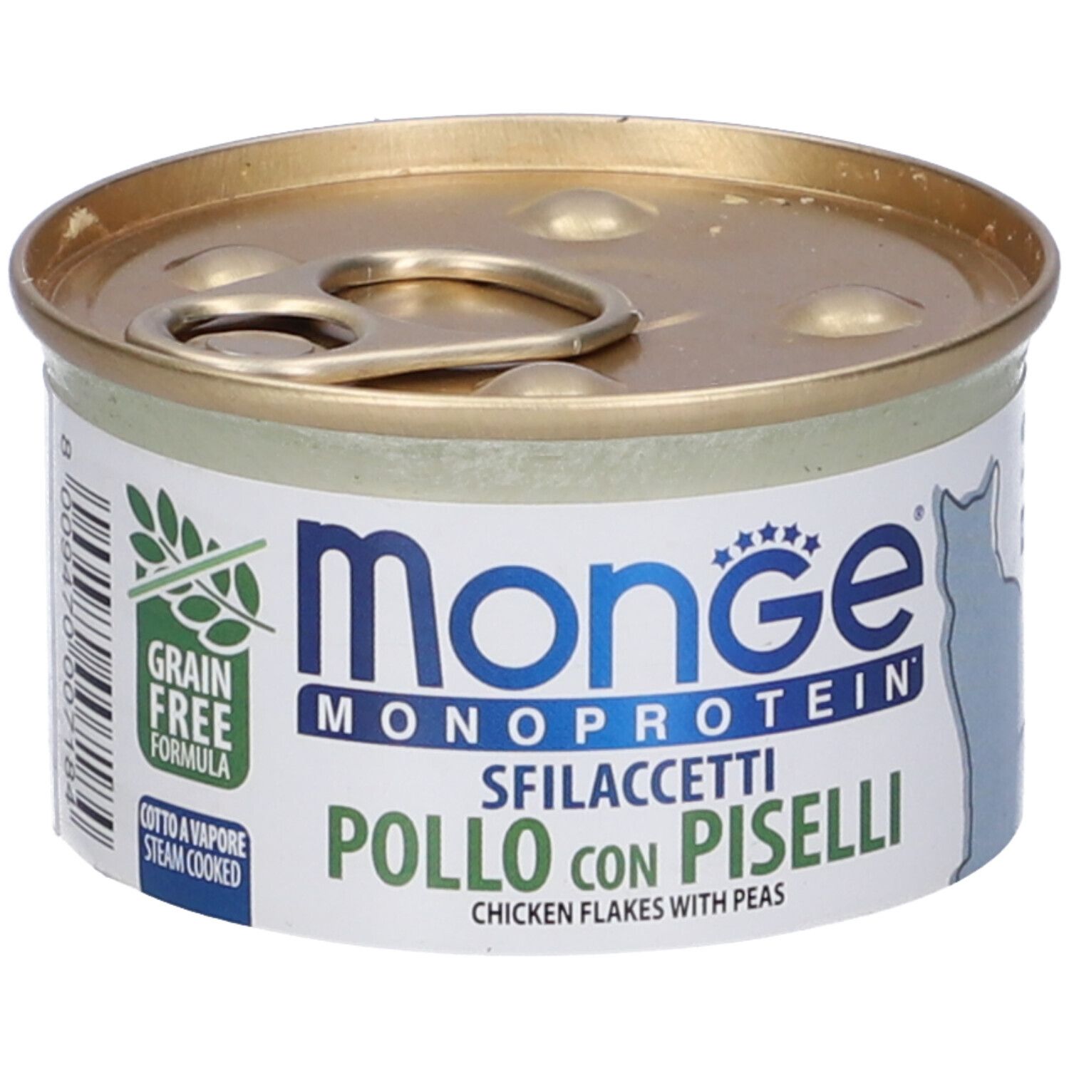 Lattina rotonda con coperchio. Scritta: Monge Monoprotein Sfilaccetti Pollo con Piselli. Formula senza cereali. Immagine di un gatto.