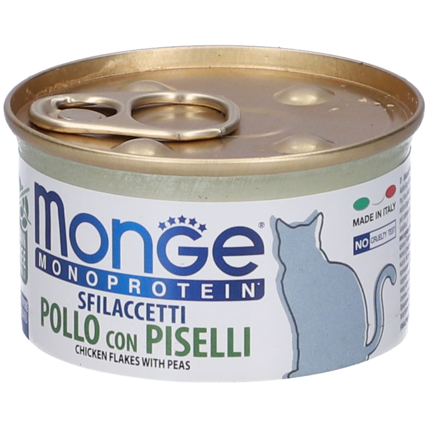 Lattina rotonda con coperchio. Scritta: Monge Monoprotein Sfilaccetti Pollo con Piselli. Prodotto in Italia. Immagine di un gatto.