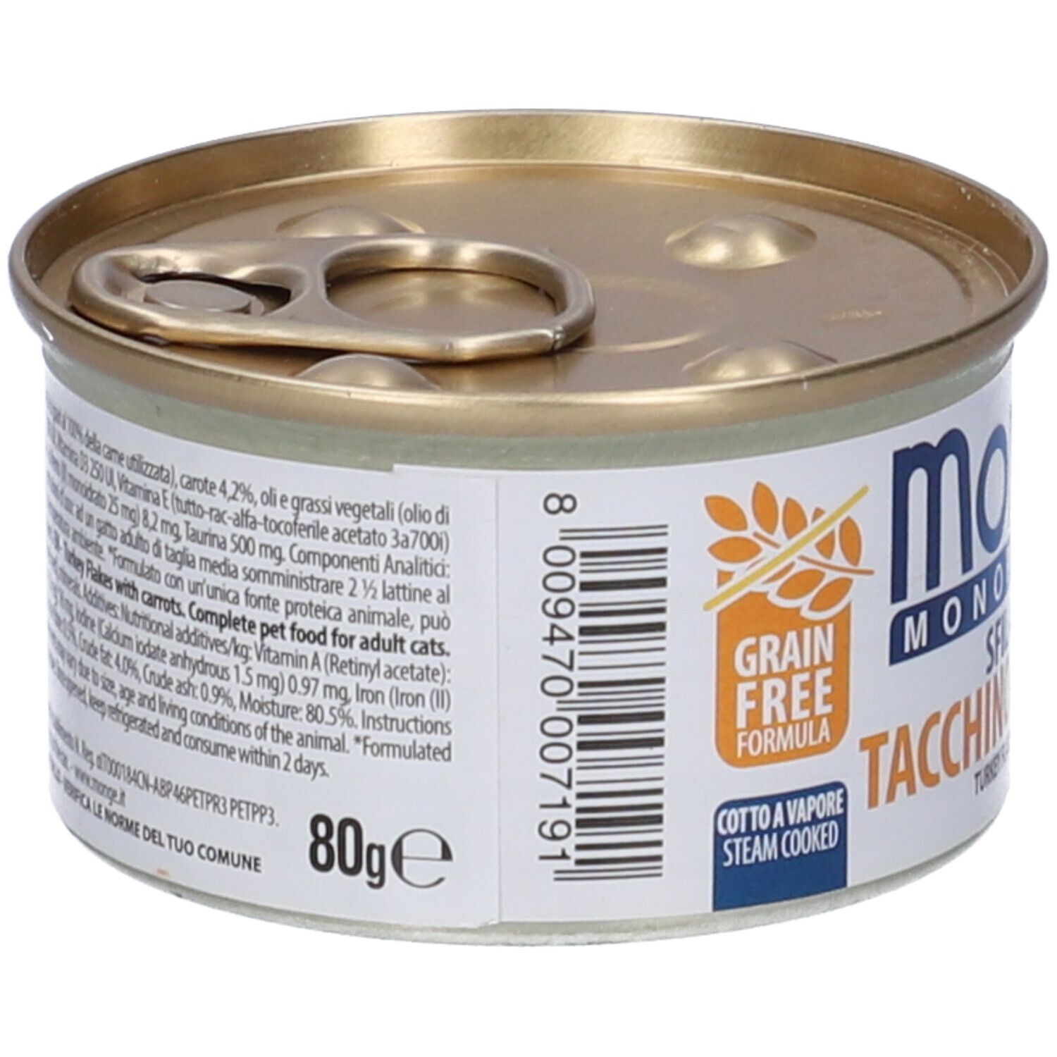 Lattina di cibo per gatti con elenco ingredienti. Scritto: Monge Monoprotein Sfilaccetti Tacchino con Carote. 80g. Senza cereali. Vapore.