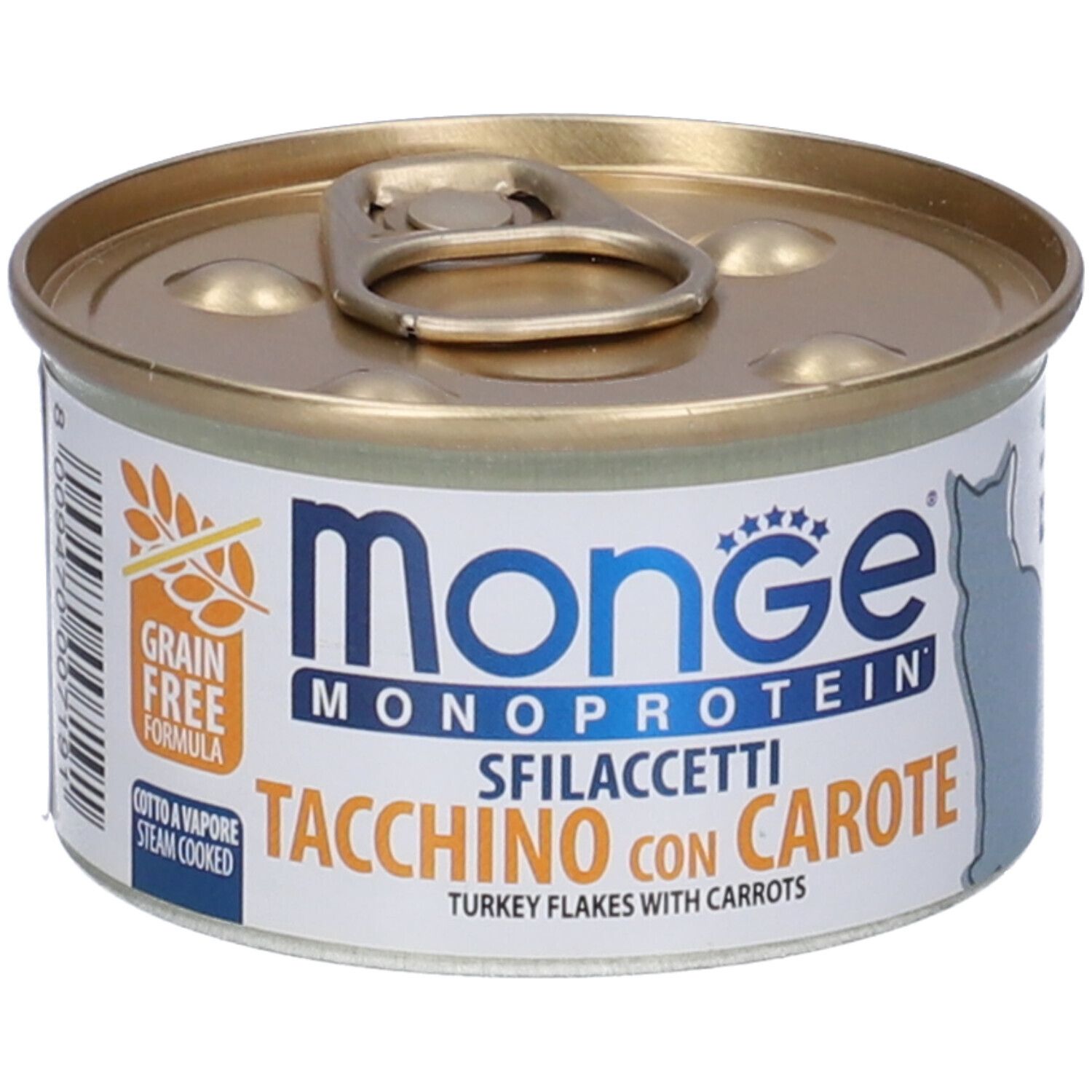 Lattina di cibo per gatti. Scritto: Monge Monoprotein Sfilaccetti Tacchino con Carote. Formula senza cereali. Cotto a vapore.