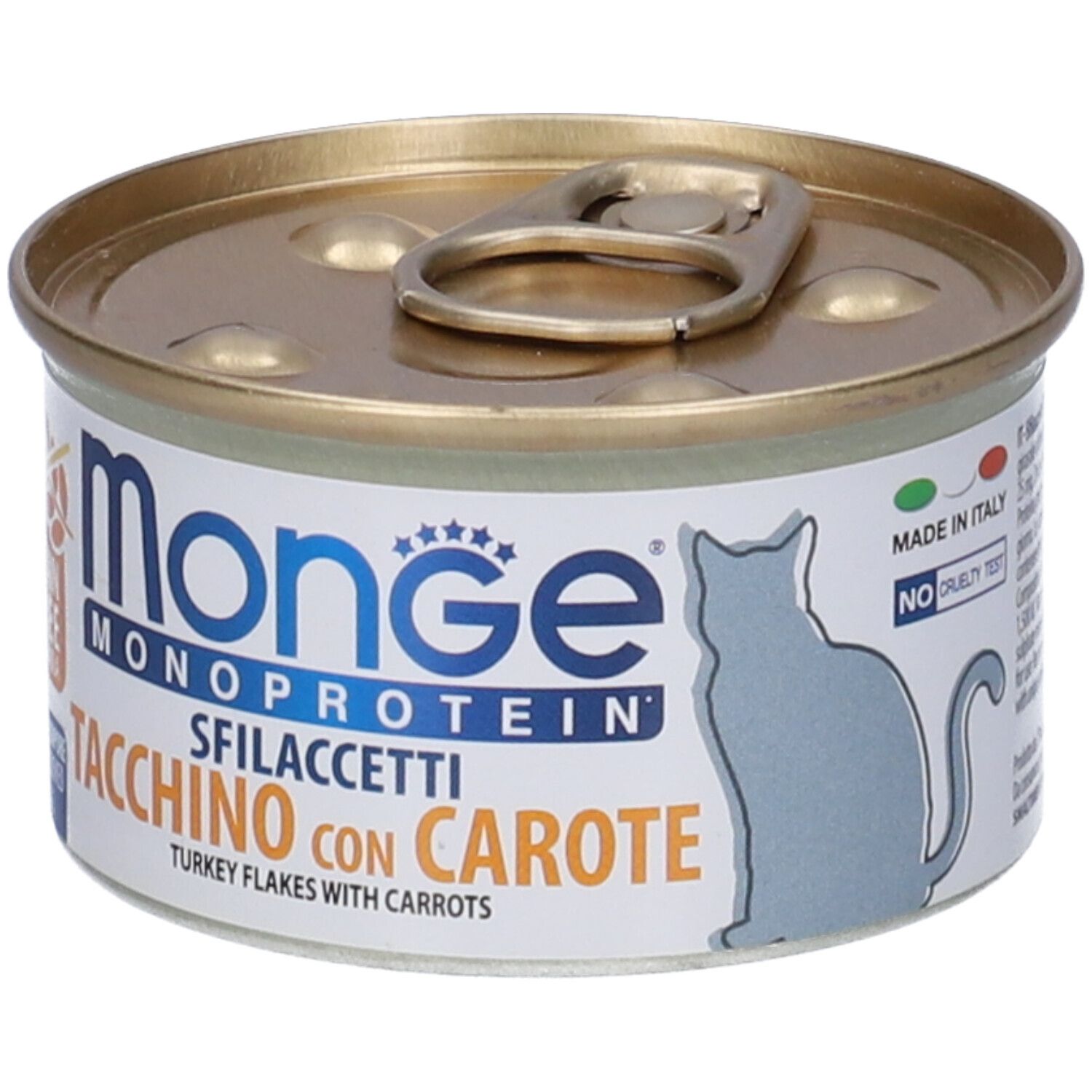 Lattina di cibo per gatti. Scritto: Monge Monoprotein Sfilaccetti Tacchino con Carote. Prodotto in Italia. No test sugli animali.