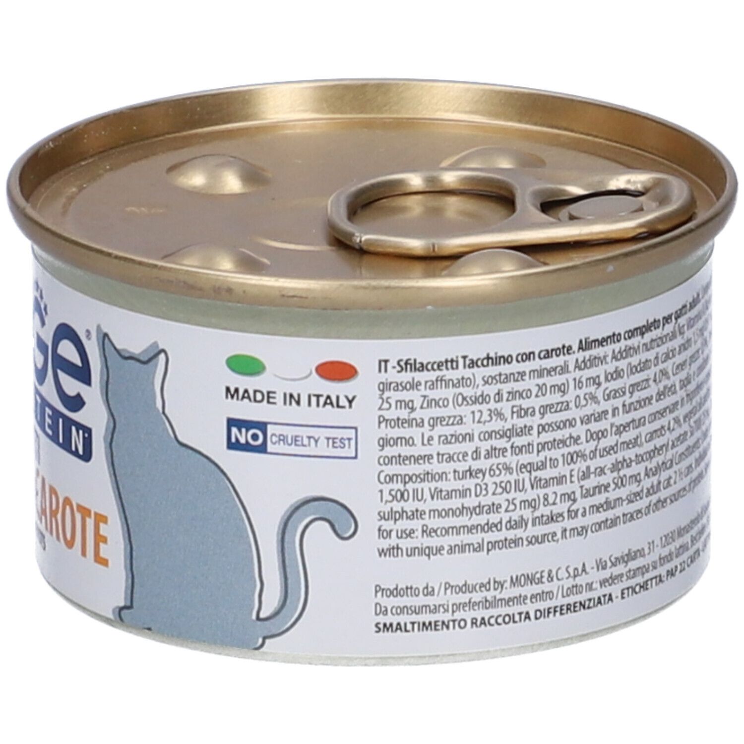 Lattina di cibo per gatti. Scritto: Monge Monoprotein Sfilaccetti Tacchino con Carote. Prodotto in Italia. No test sugli animali. Ingredienti.