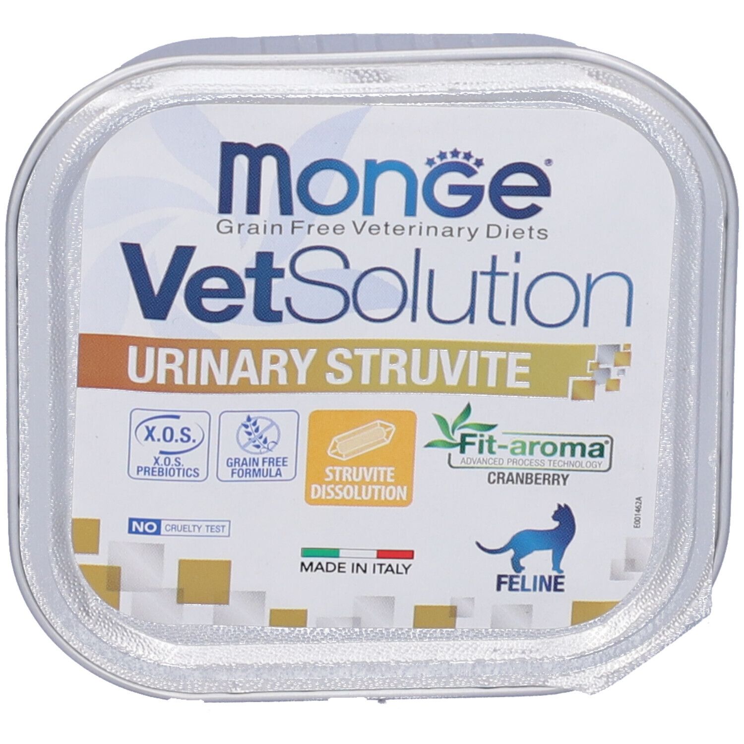 Monge VetSolution Urinary Struvite Feline. Vaschetta con informazioni prodotto. Scritte: X.O.S. Prebiotici, formula senza cereali, cranberry.