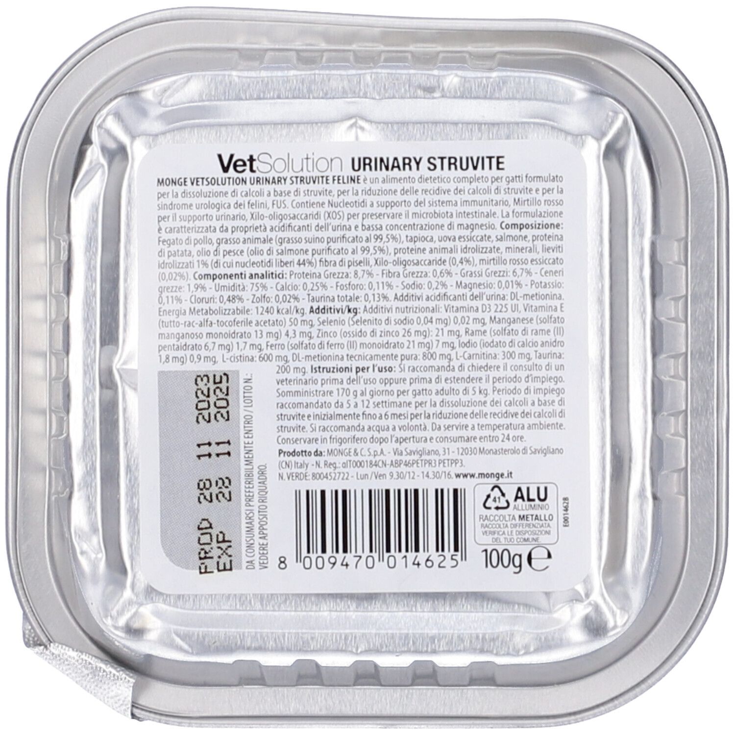 Monge VetSolution Urinary Struvite Feline. Retro della vaschetta con informazioni prodotto. Ingredienti, scadenza, peso: 100g.