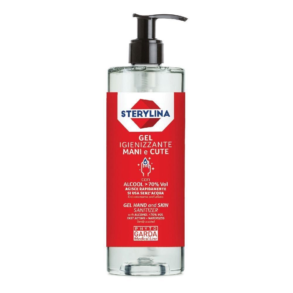 Flacone trasparente con dosatore nero. Etichetta rossa con testo: Sterylina, Gel, Alcool 70%.