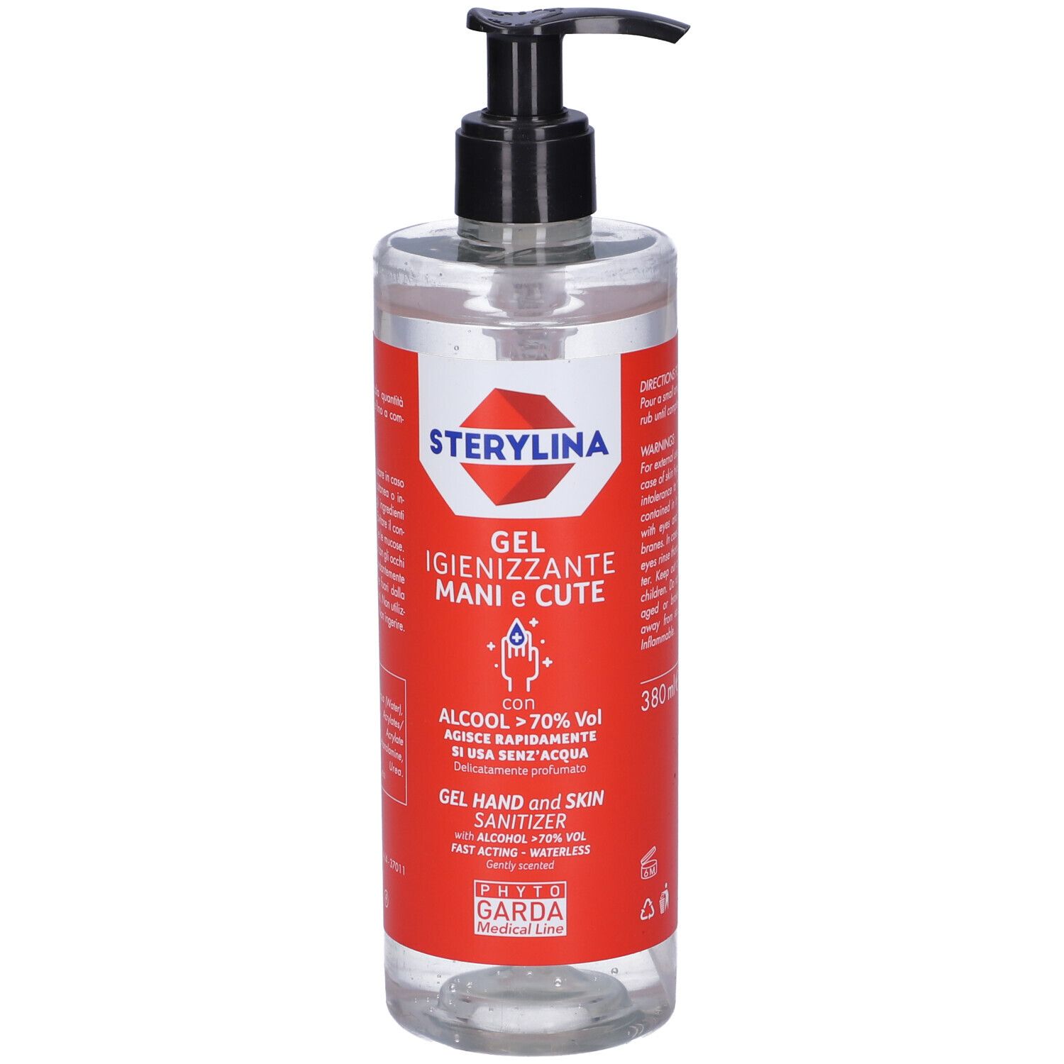 Flacone trasparente con dosatore nero. Etichetta rossa con testo: Sterylina, Gel, Alcool 70%, 380ml.