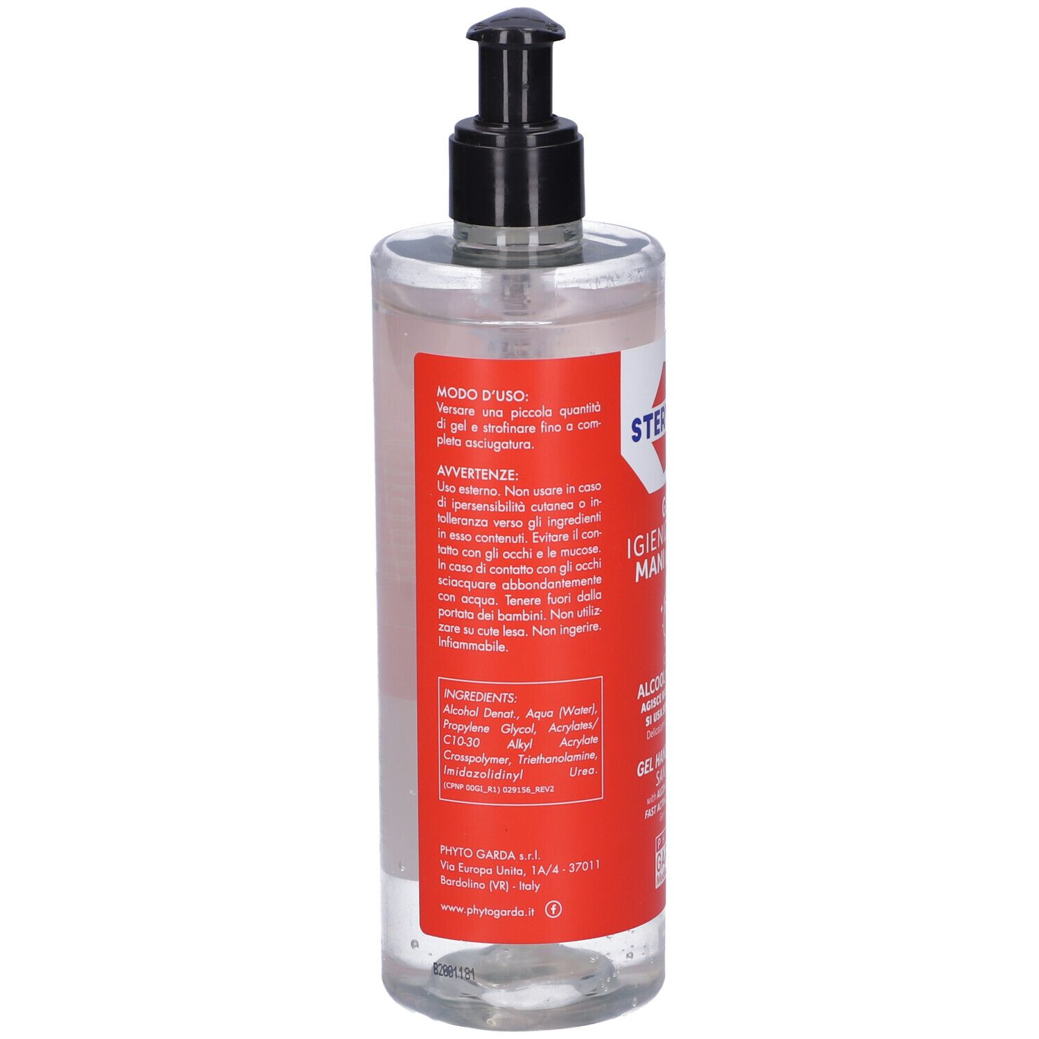 Flacone trasparente con dosatore nero. Retro con testo e ingredienti. Etichetta rossa.