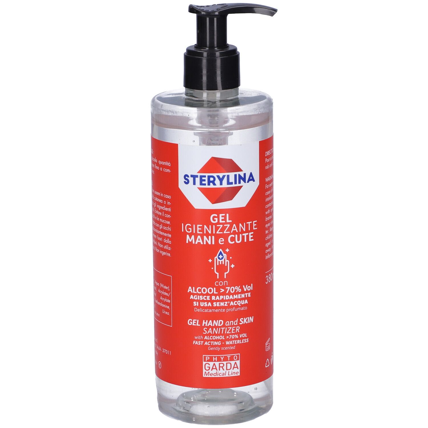 Flacone trasparente con dosatore nero. Etichetta rossa con testo: Sterylina, Gel, Alcool 70%, 380ml.