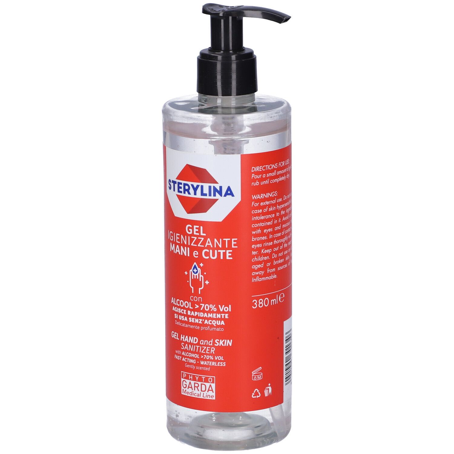 Flacone trasparente con dosatore nero. Etichetta rossa con testo: Sterylina, Gel, Alcool 70%, 380ml.