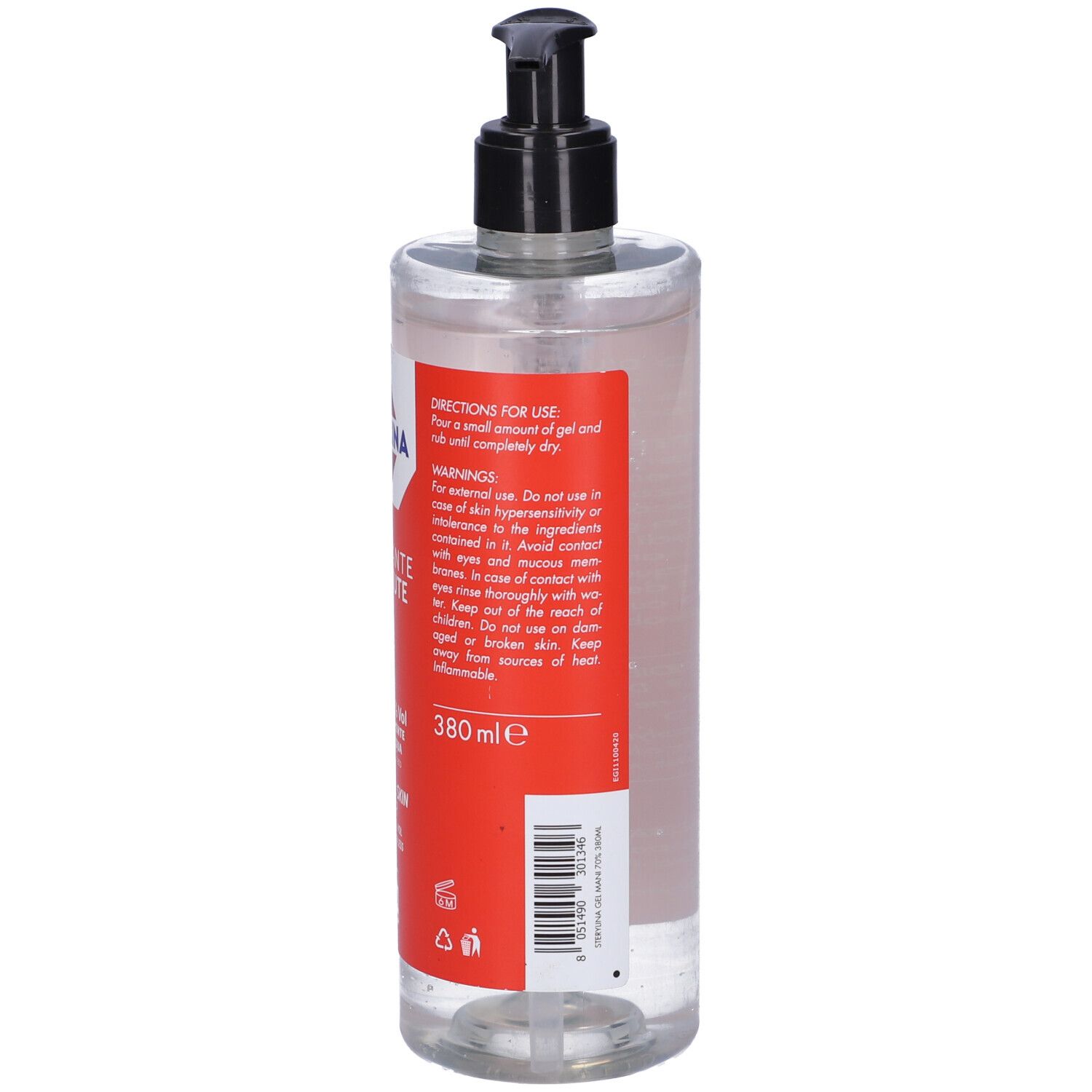 Flacone trasparente con dosatore nero. Retro con testo, 380ml. Etichetta rossa.