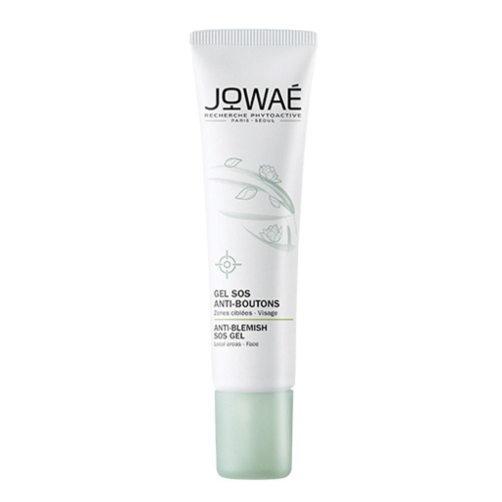 Tubo bianco con tappo verde. Scritta: JOWAE, Gel SOS Anti-Imperfezioni.