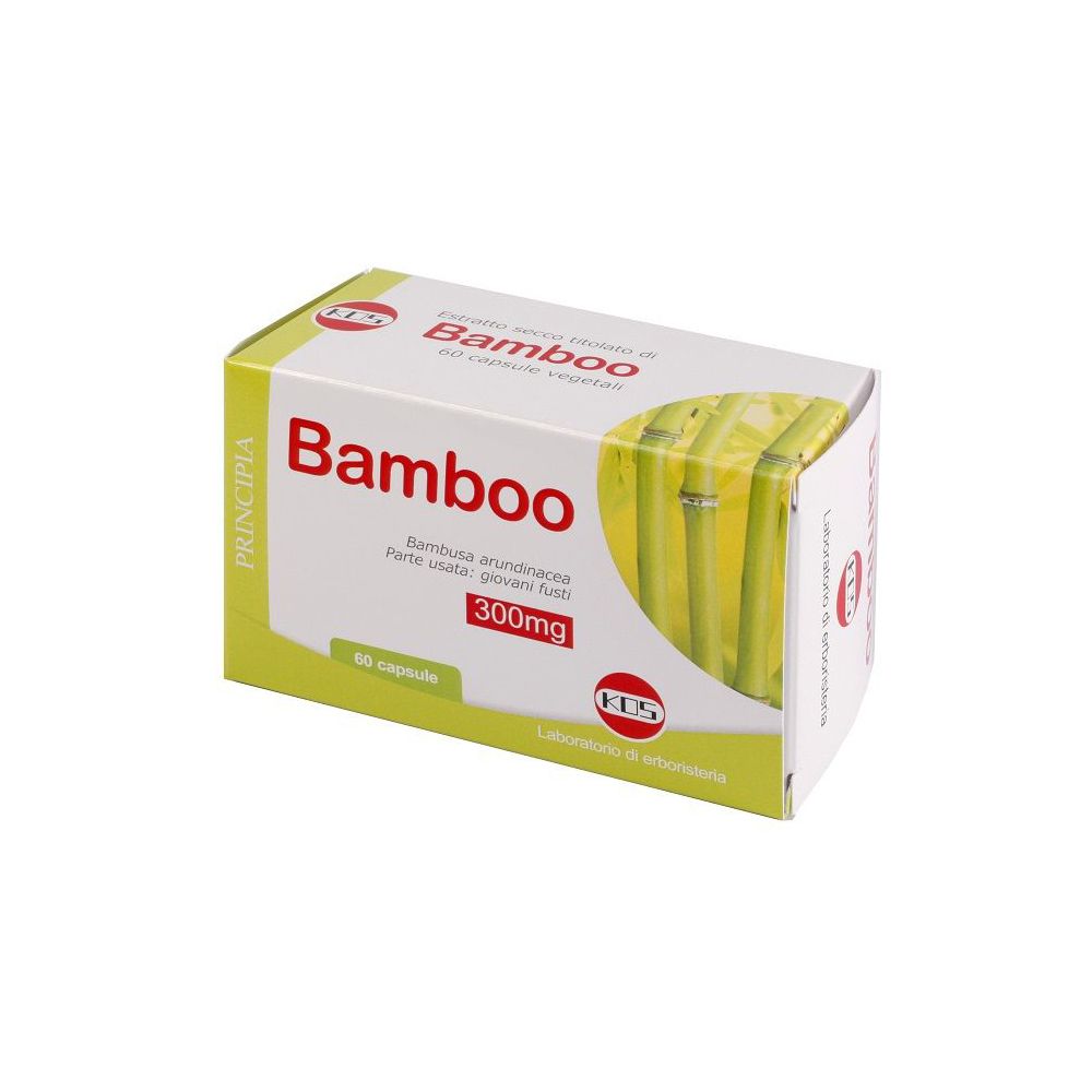Scatola di capsule. Scritta "Bamboo" e "300mg". Confezione verde e bianca con illustrazione di bambù.
