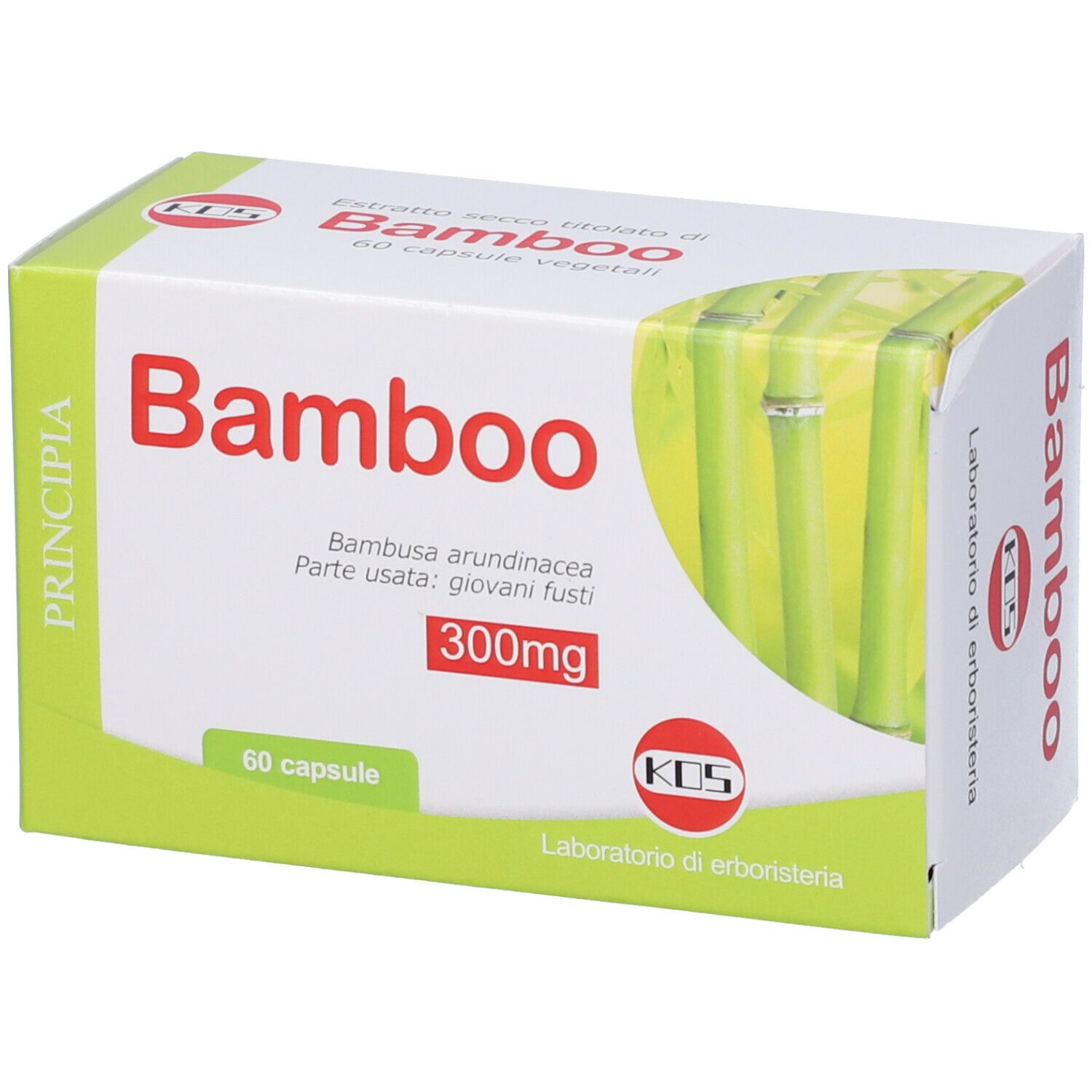 Scatola di capsule. Scritta "Bamboo" e "300mg". Confezione verde e bianca con illustrazione di bambù.