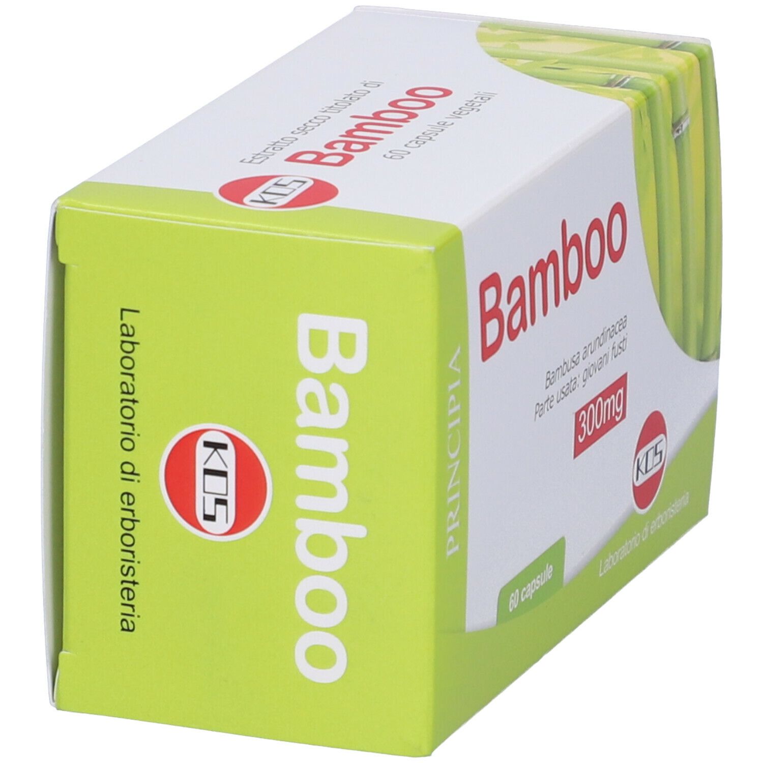 Scatola di capsule. Scritta "Bamboo" e "300mg". Confezione verde e bianca con illustrazione di bambù.