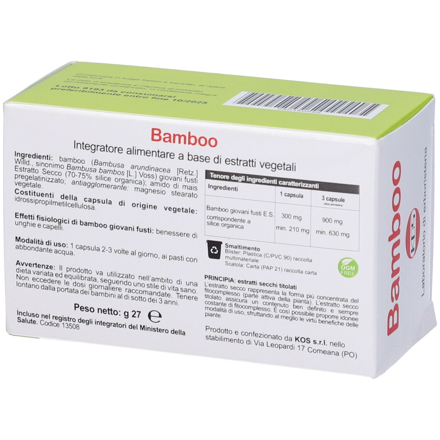 Retro della confezione. Contiene informazioni sugli ingredienti e il dosaggio. Scritta "Bamboo".
