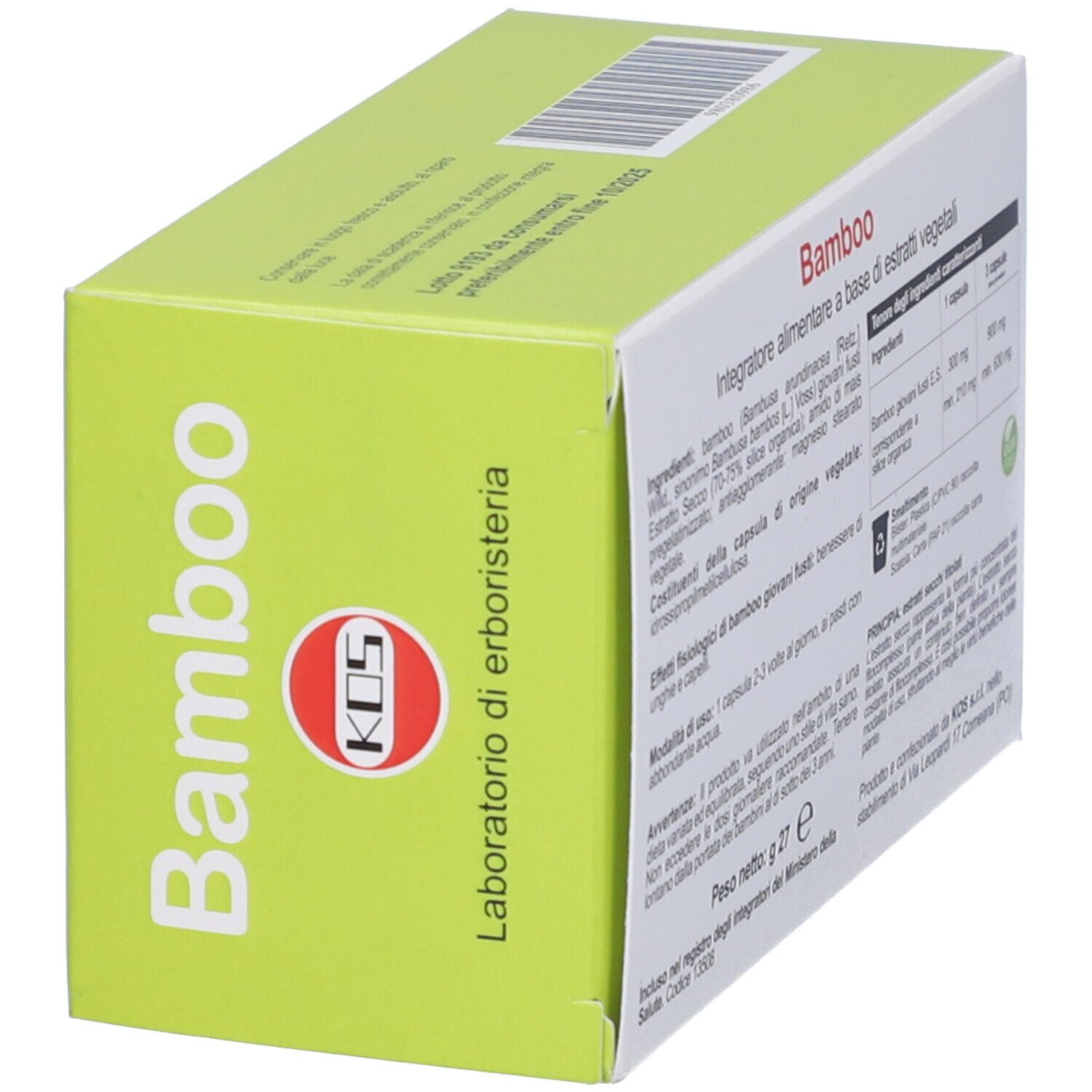Scatola di capsule. Scritta "Bamboo" e "300mg". Confezione verde e bianca con illustrazione di bambù.