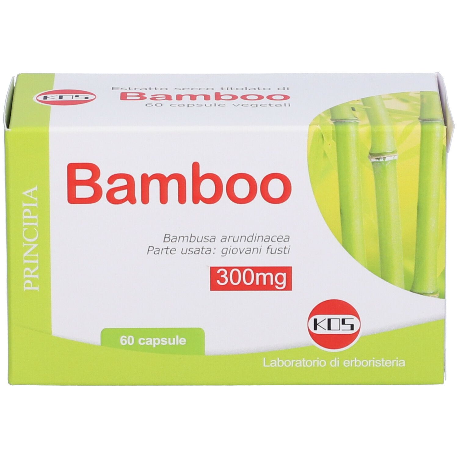 Scatola di capsule. Scritta "Bamboo" e "300mg". Confezione verde e bianca con illustrazione di bambù.