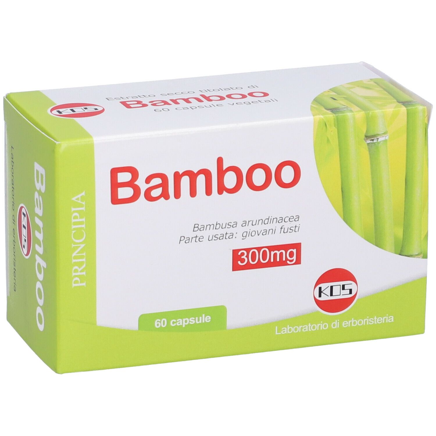 Scatola di capsule. Scritta "Bamboo" e "300mg". Confezione verde e bianca con illustrazione di bambù.