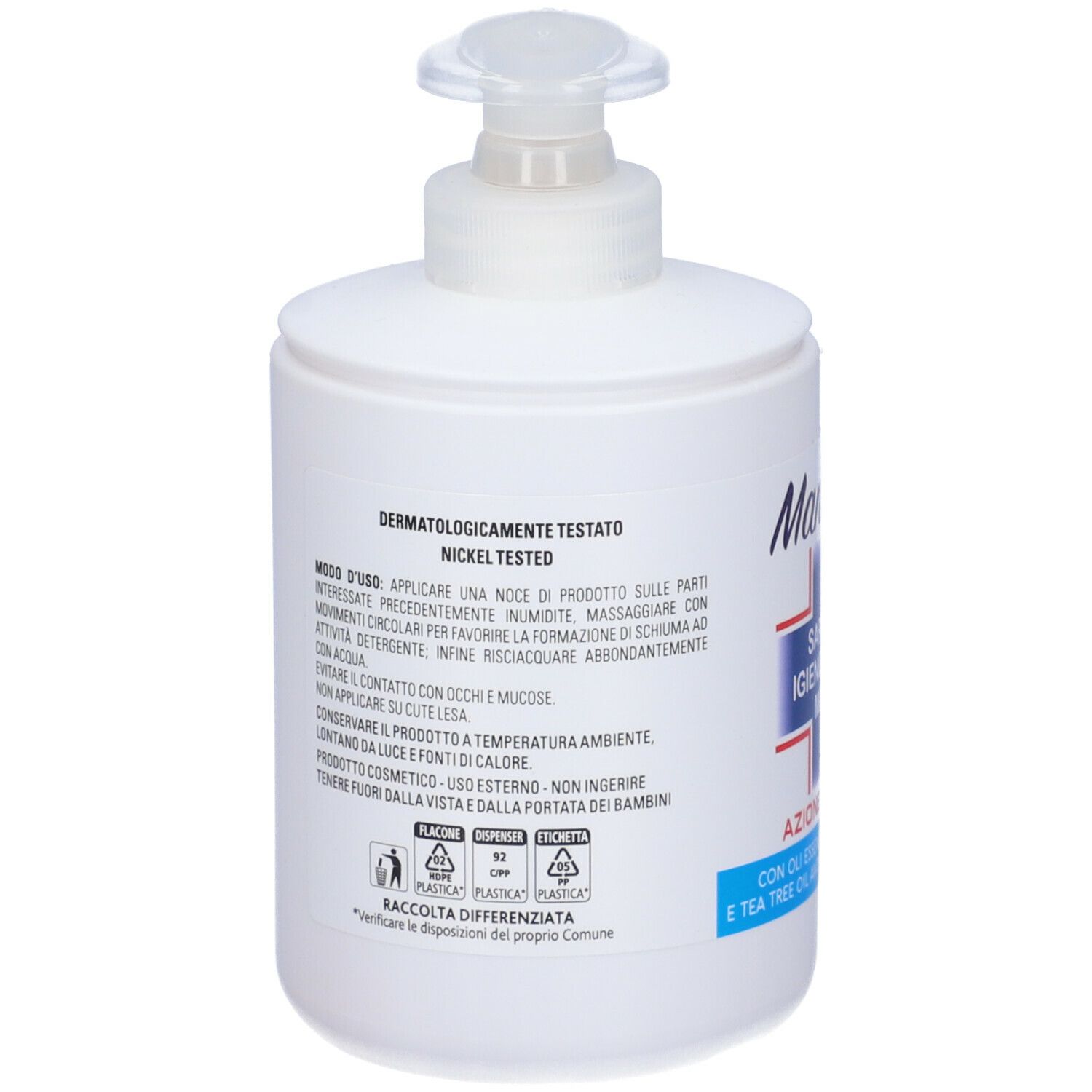 Flacone bianco con dosatore a pompa. Retro con testo e simboli di riciclaggio. Dermatologicamente testato.