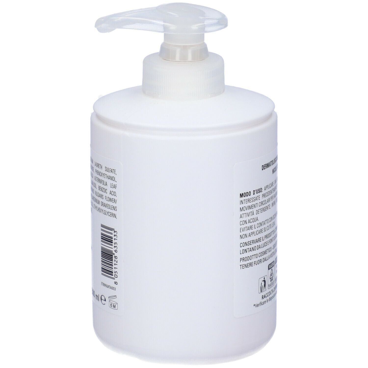 Flacone bianco con dosatore a pompa. Retro con testo e codice a barre. Dermatologicamente testato.